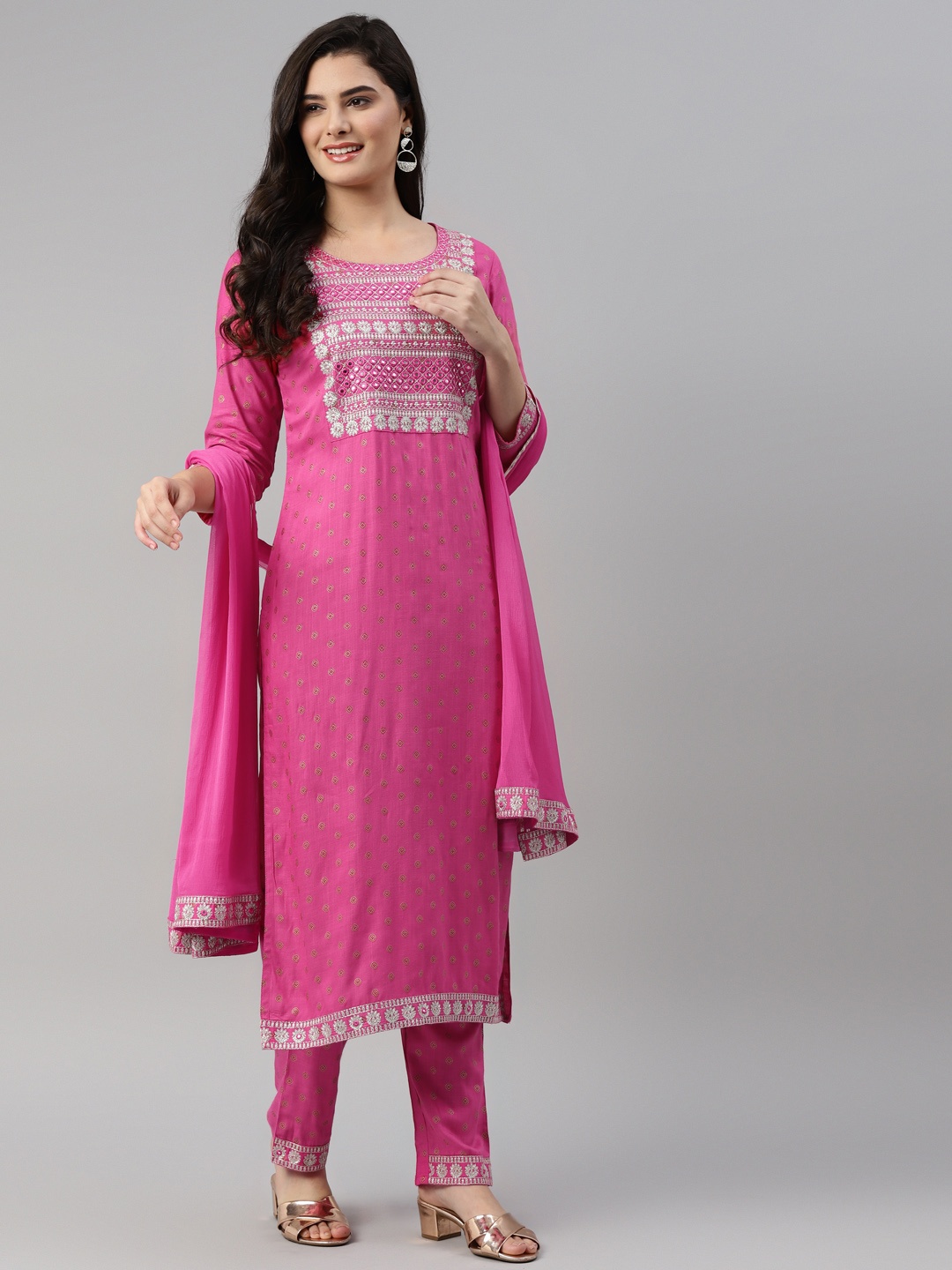 

KALINI Women Pink Ethnic Motifs Embroidered Thread Work Kurta with Trousers & With Dupatta