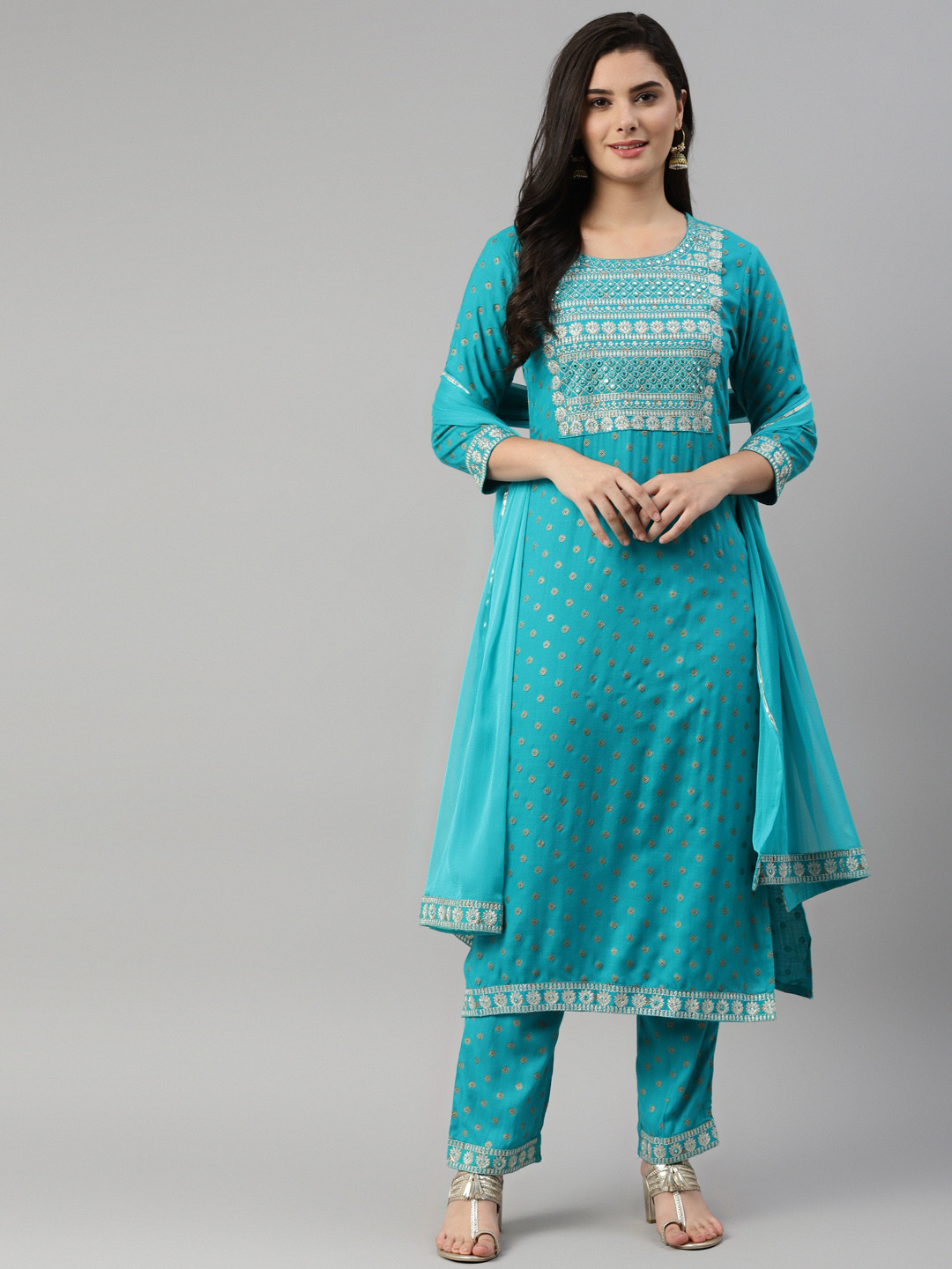 

KALINI Women Blue Ethnic Motifs Embroidered Thread Work Kurta with Trousers & With Dupatta