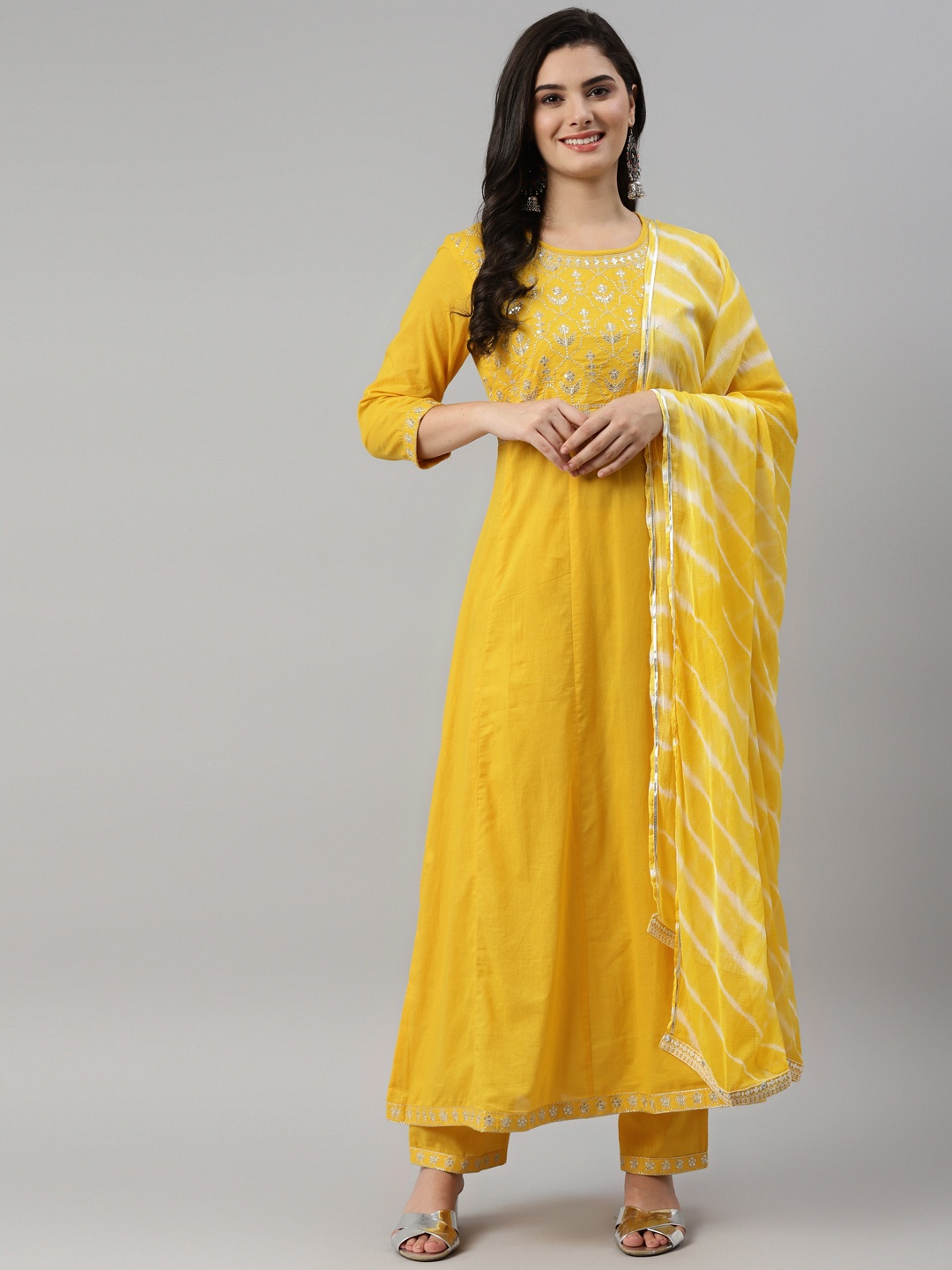 

KALINI Women Yellow Ethnic Motifs Embroidered Kurta with Trousers & With Dupatta