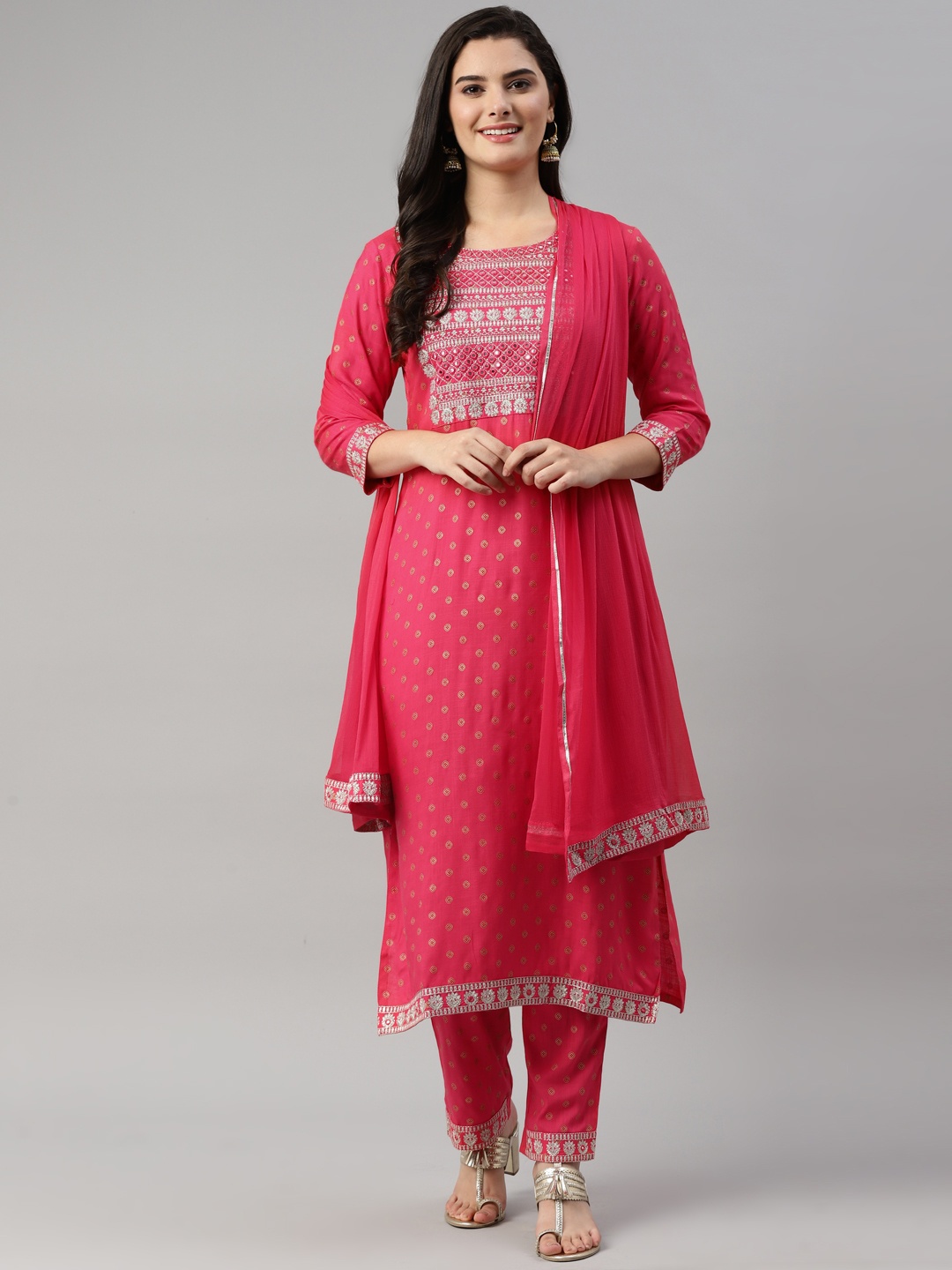 

KALINI Women Pink Ethnic Motifs Embroidered Kurta with Trousers & With Dupatta