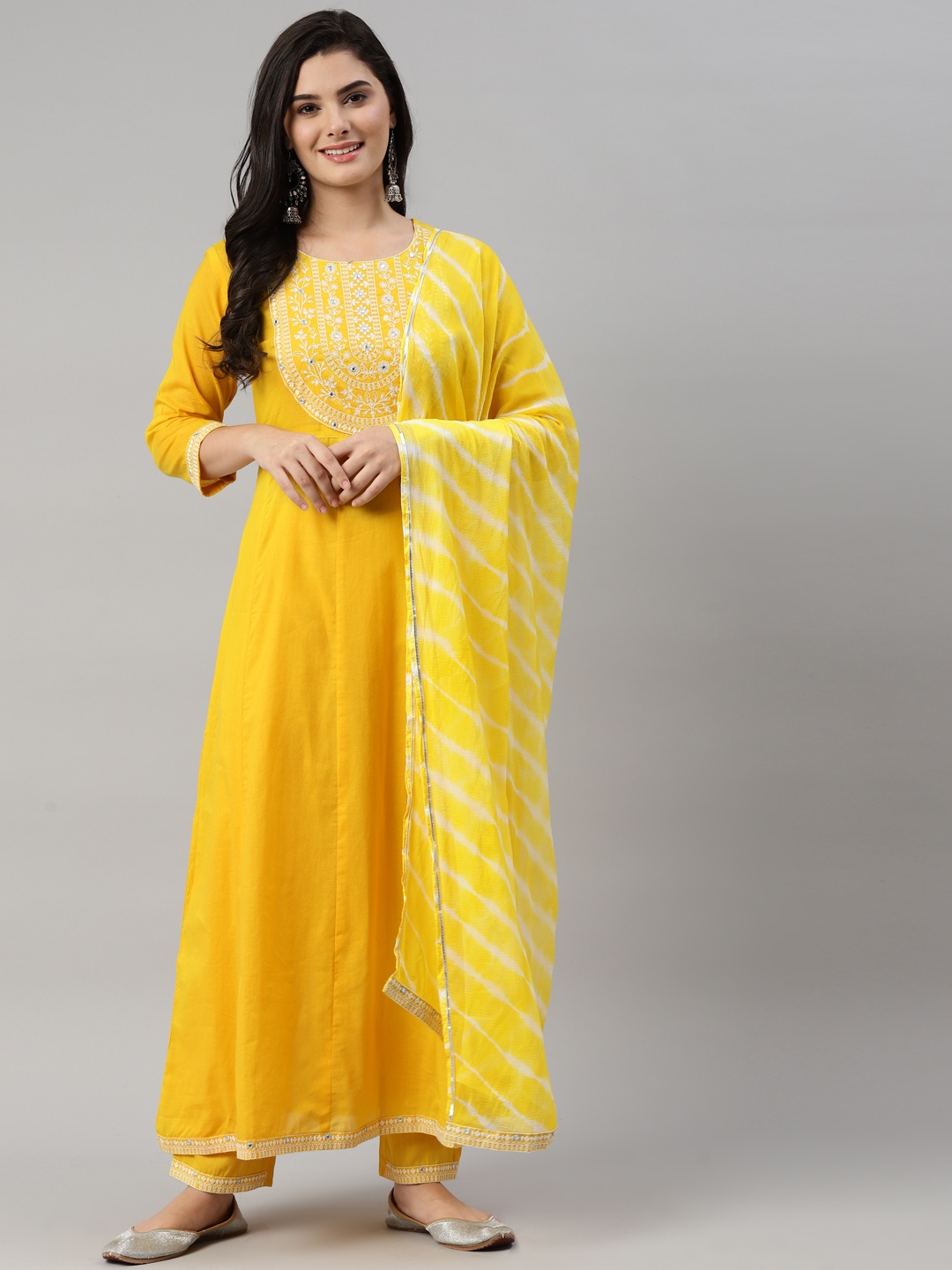 

KALINI Women Yellow Ethnic Motifs Embroidered Thread Work Kurta with Trousers & With Dupatta