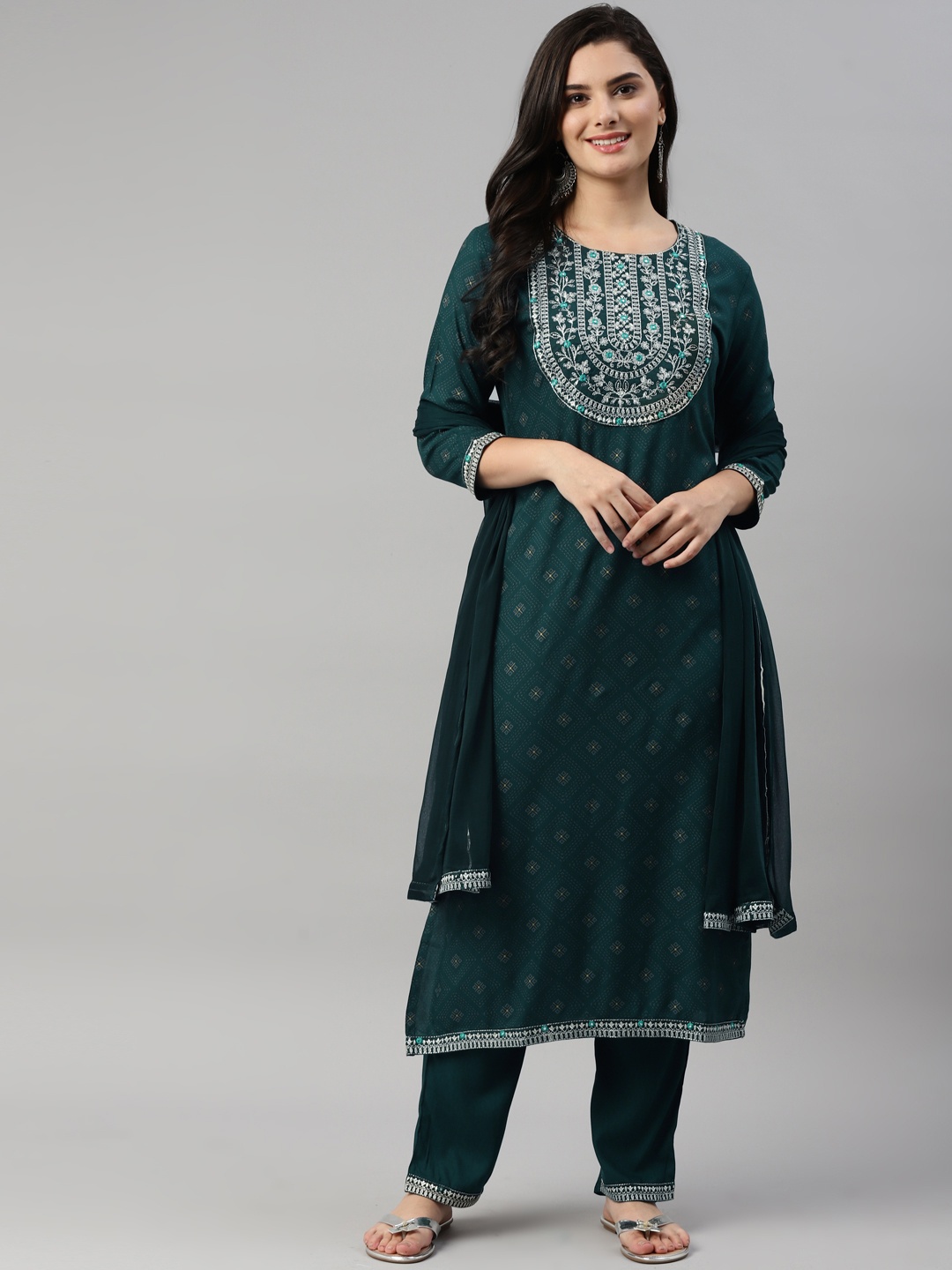 

KALINI Women Green Ethnic Motifs Embroidered Thread Work Kurta with Trousers & With Dupatta