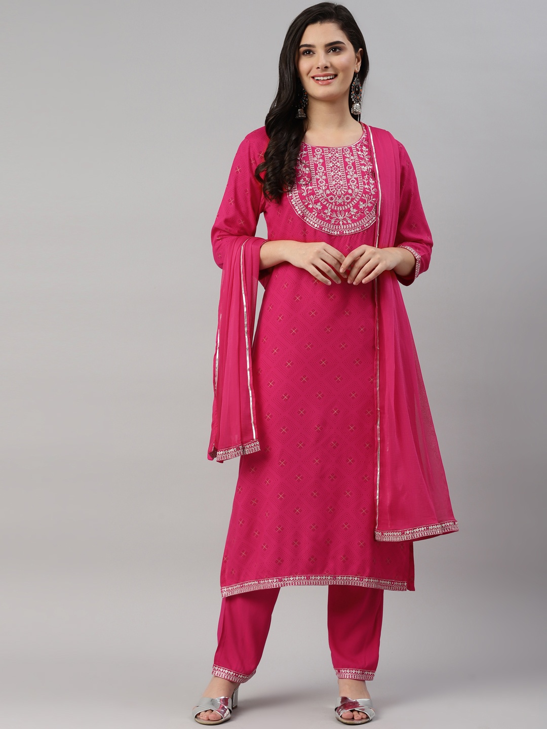 

KALINI Women Pink Ethnic Motifs Embroidered Kurta with Trousers & With Dupatta