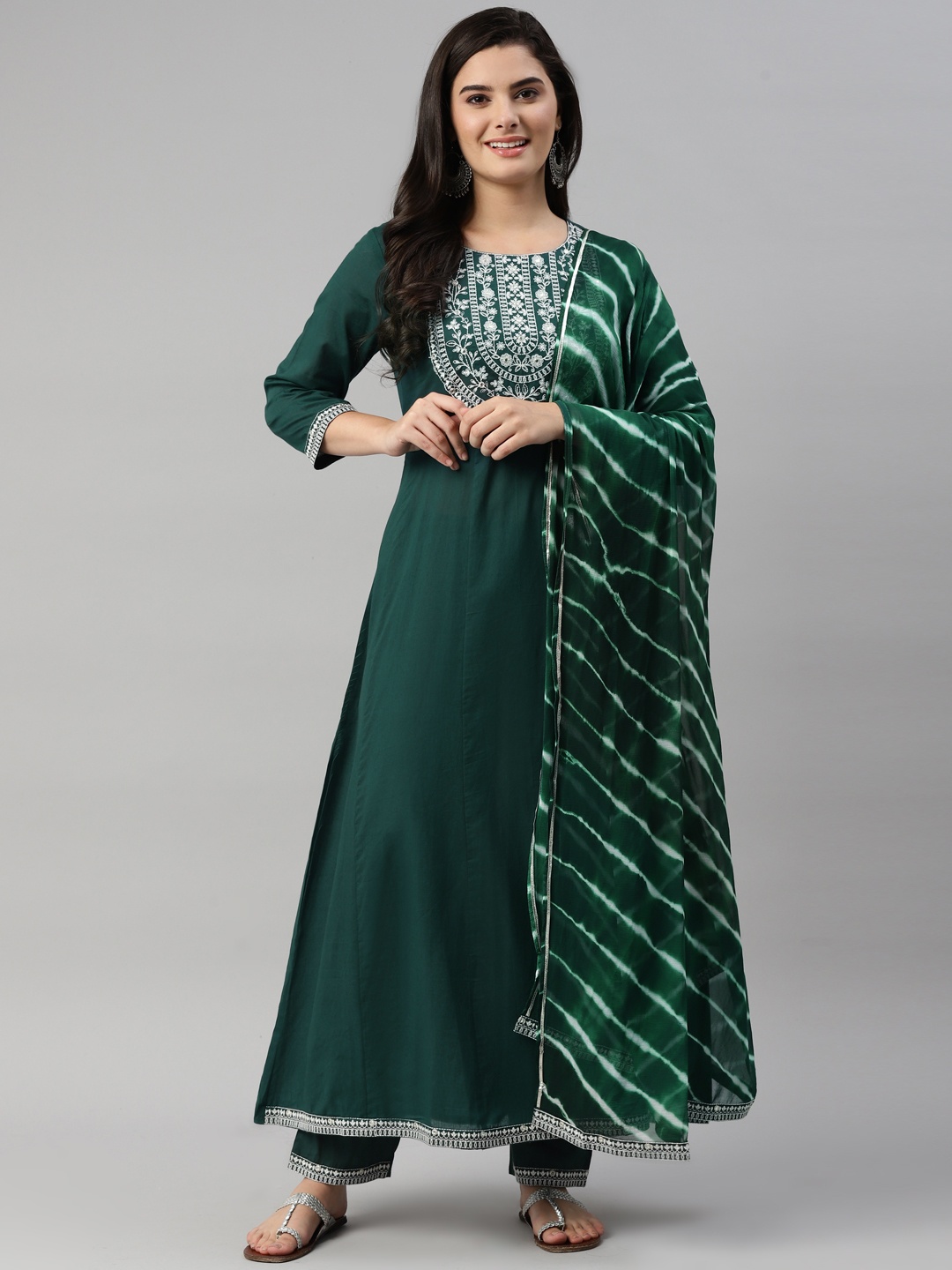 

KALINI Women Green Ethnic Motifs Embroidered Thread Work Kurta with Trousers & With Dupatta