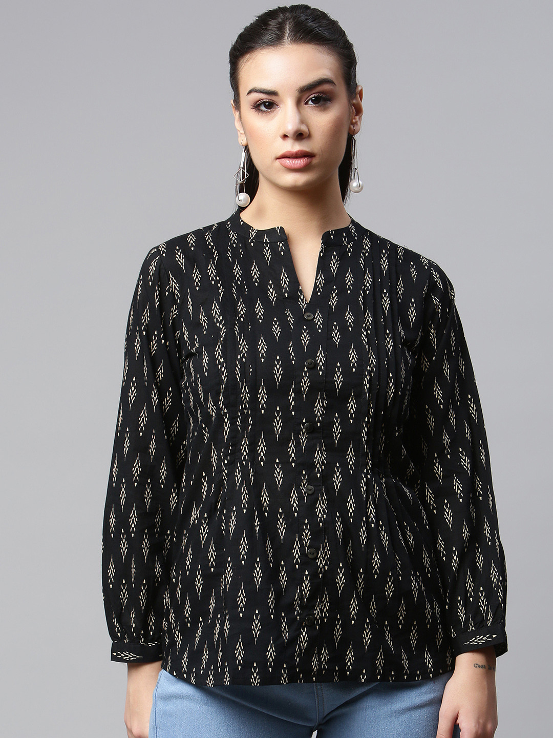 

MALHAAR Black Ethnic Motifs Printed Pure Cotton Kurti