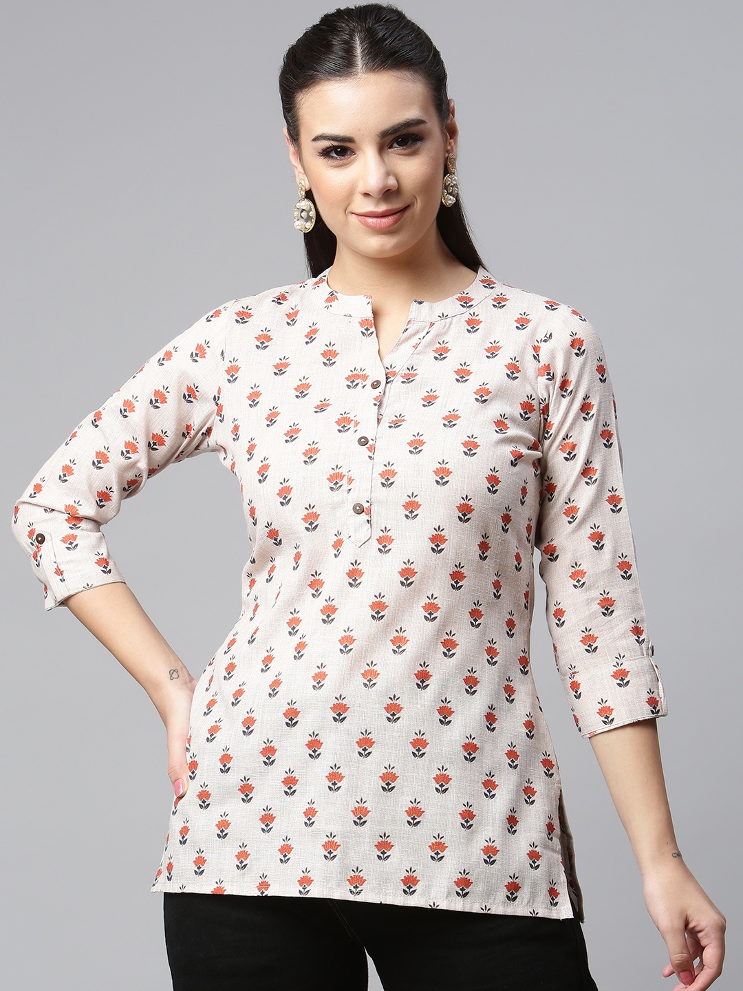 

MALHAAR Beige Floral Printed Pure Cotton Kurti