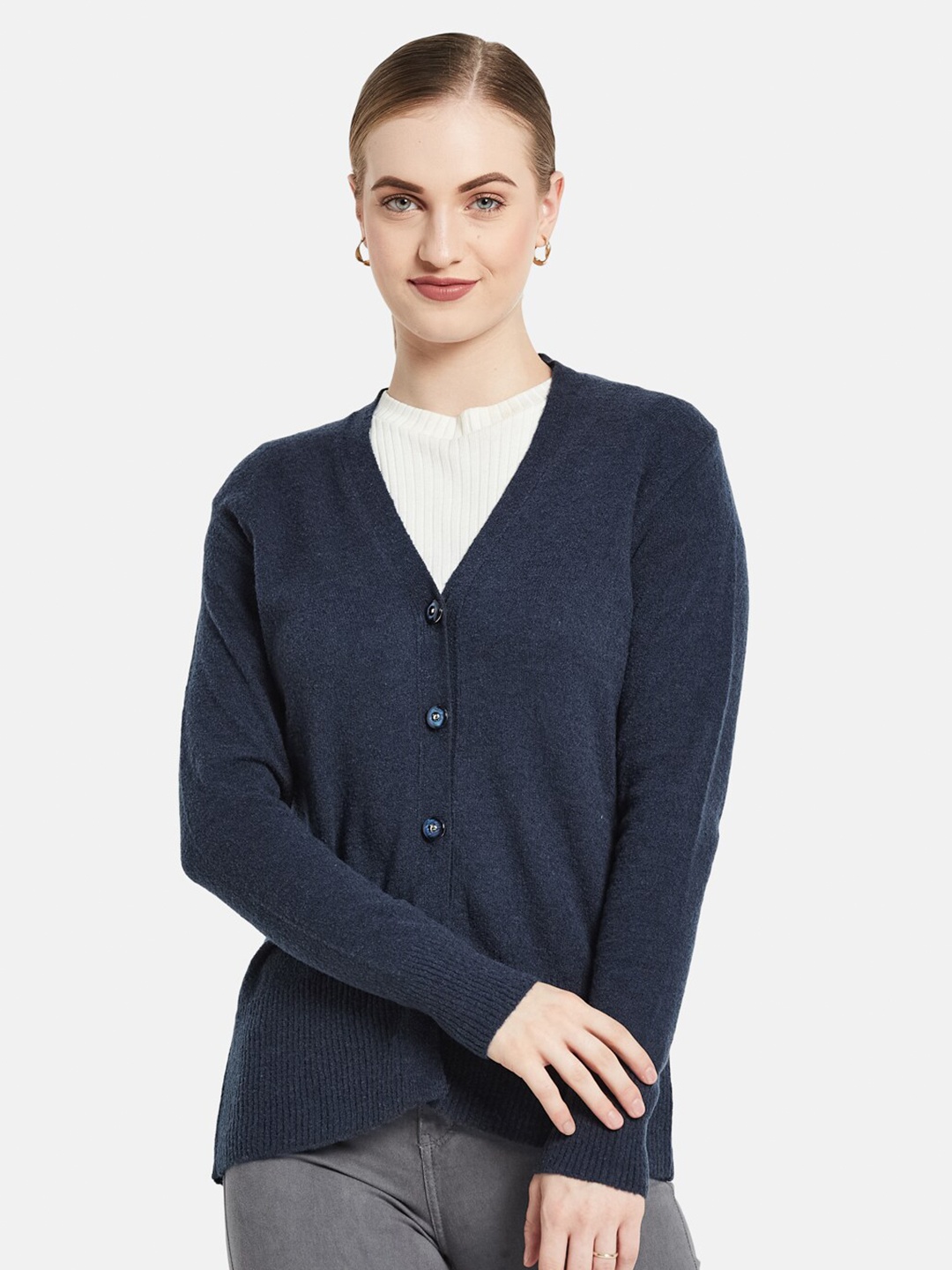 

Monte Carlo Women Navy Blue Solid Full Sleeves Cardigan Sweater