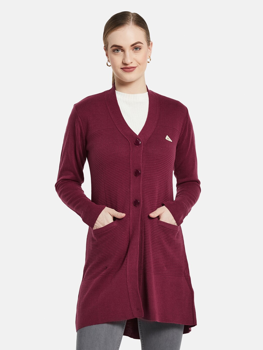 

Monte Carlo Women's Blend Wool Maroon Self Design V Neck Cardigan