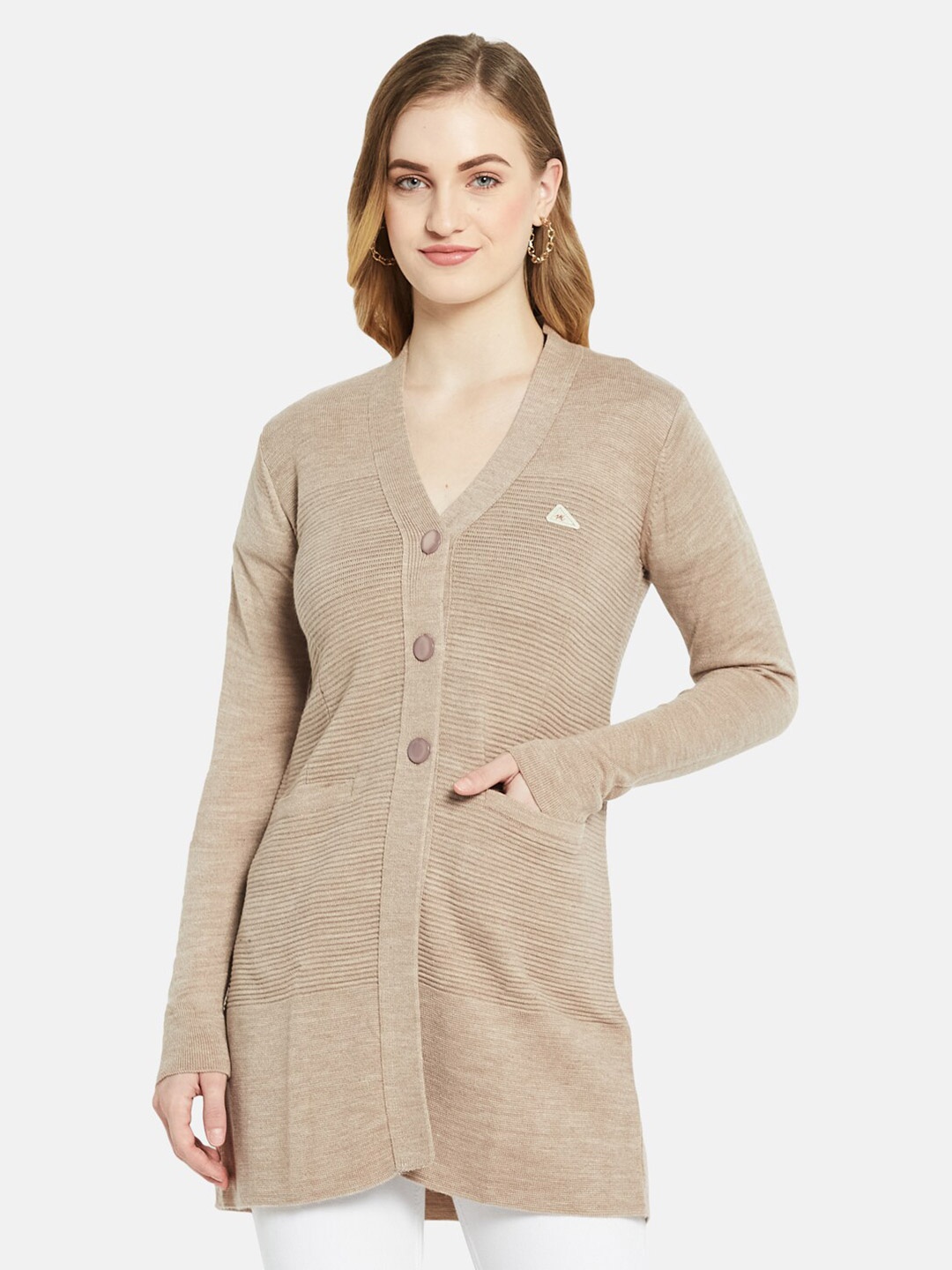 

Monte Carlo Women Beige V-Neck Longline Cardigan