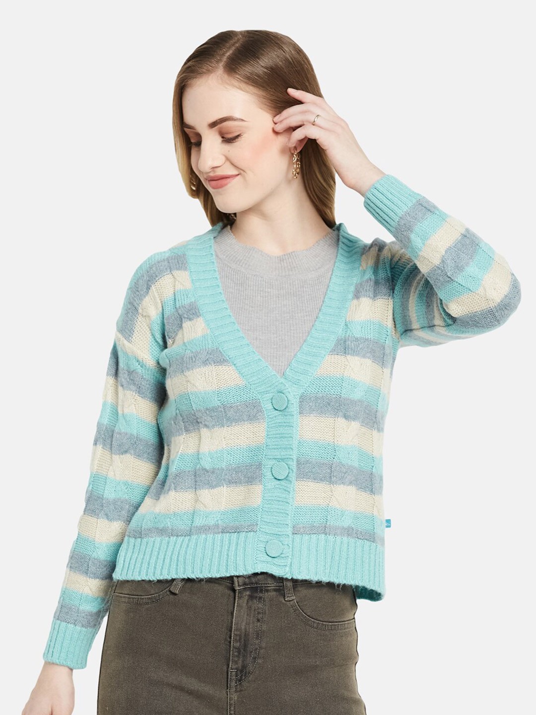 

Monte Carlo Women Blue & Cream-Coloured Striped Cardigan