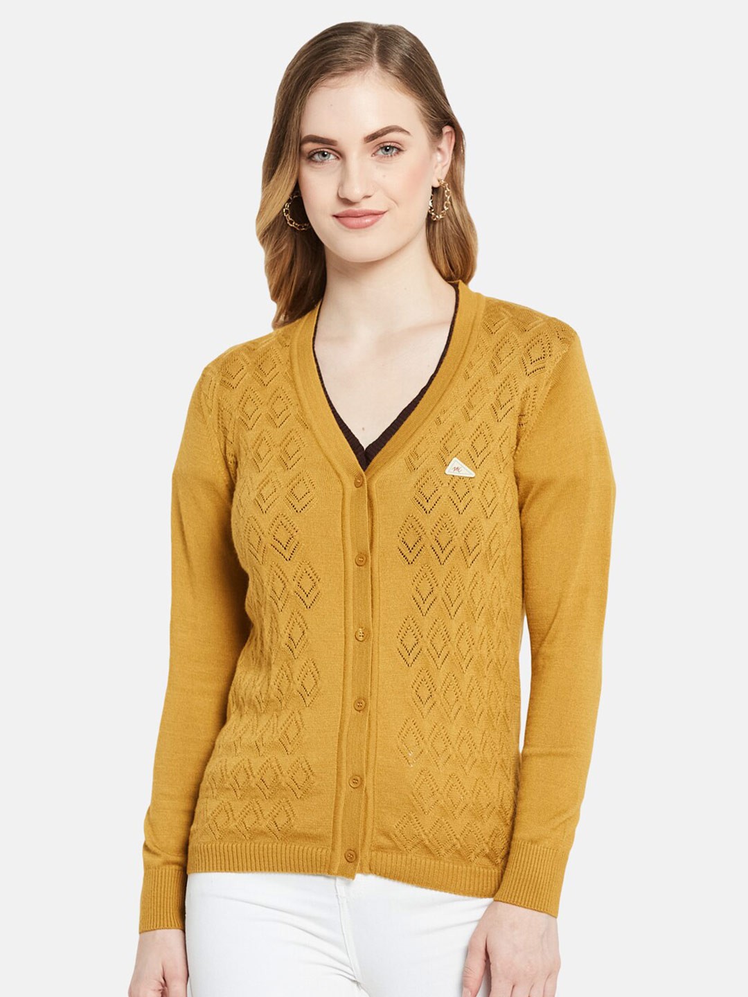 

Monte Carlo Women Mustard Self-Design Cardigan