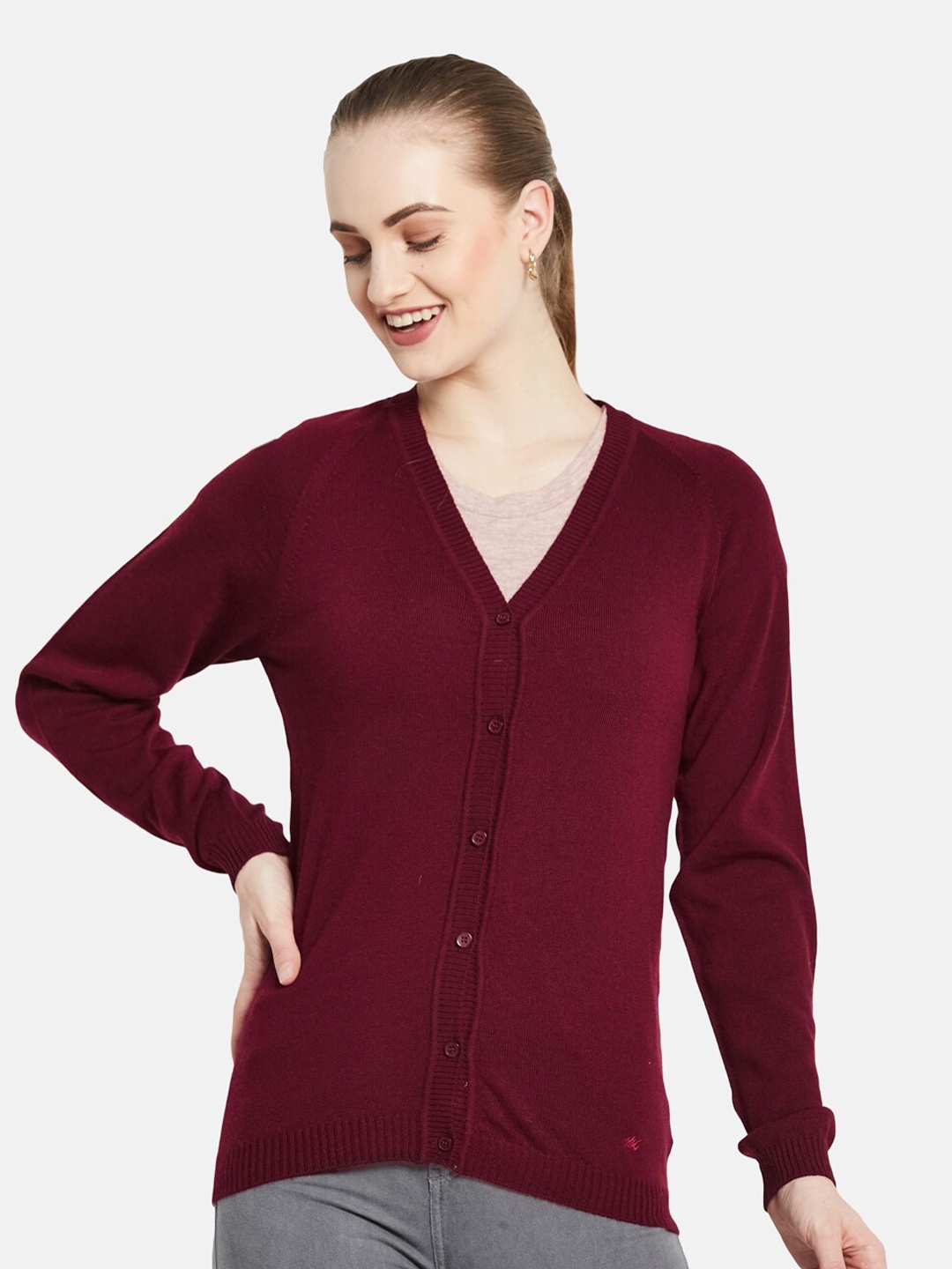 

Monte Carlo Women Maroon Solid Wool V Neck Cardigan