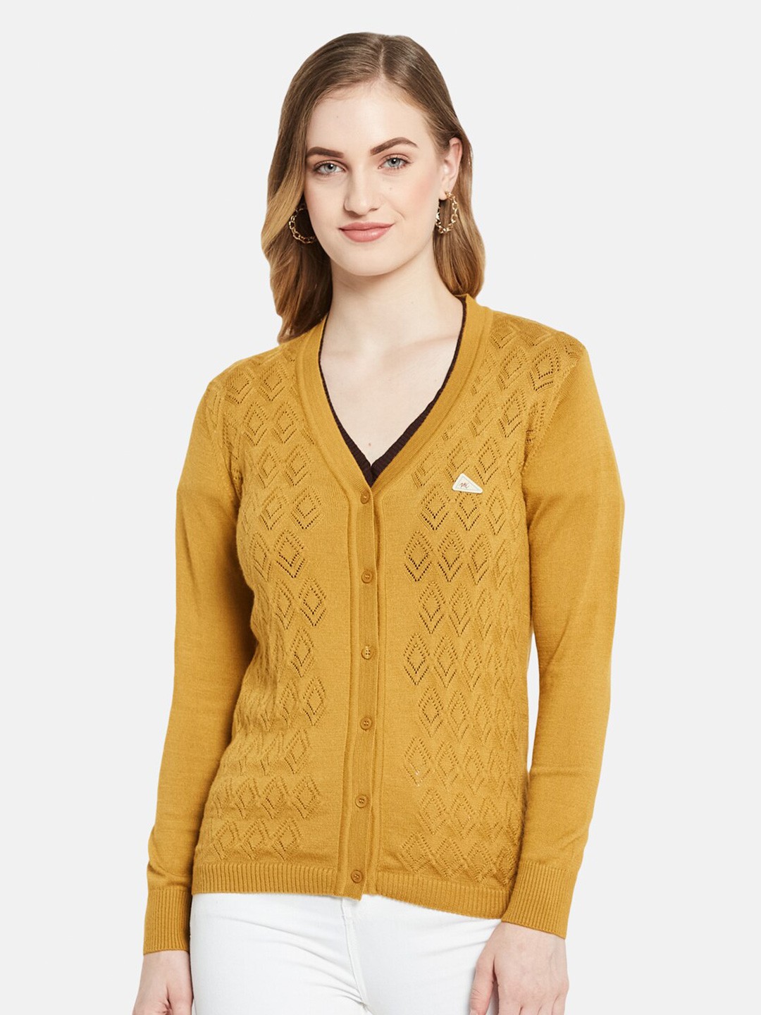 

Monte Carlo Women Mustard V-Neck Cardigan with Applique Detail