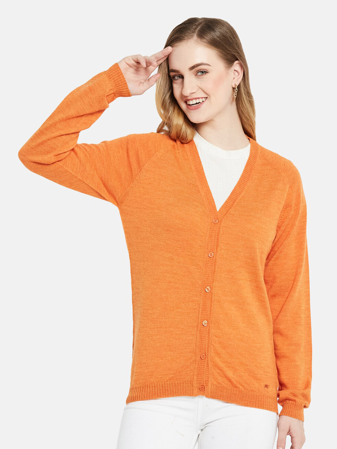 

Monte Carlo Women Pure Wool Orange Solid V Neck Cardigan
