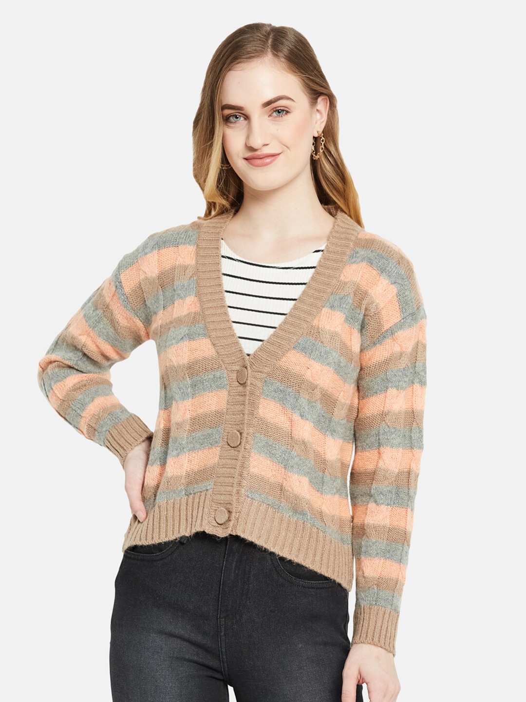 

Monte Carlo Women Beige & Blue Striped Cardigan