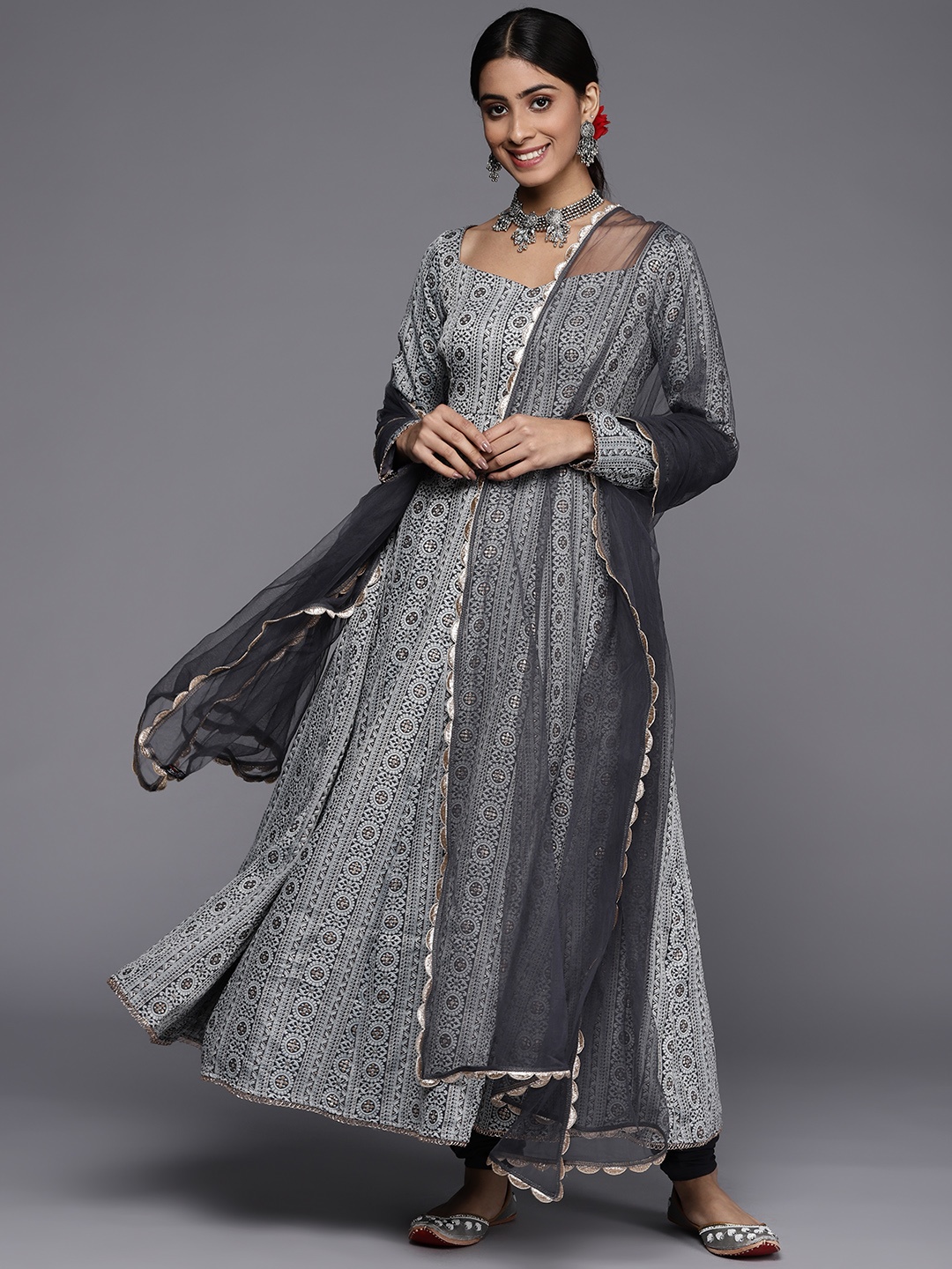 

Inddus Women Grey Ethnic Motifs Kurta with Trousers & With Dupatta