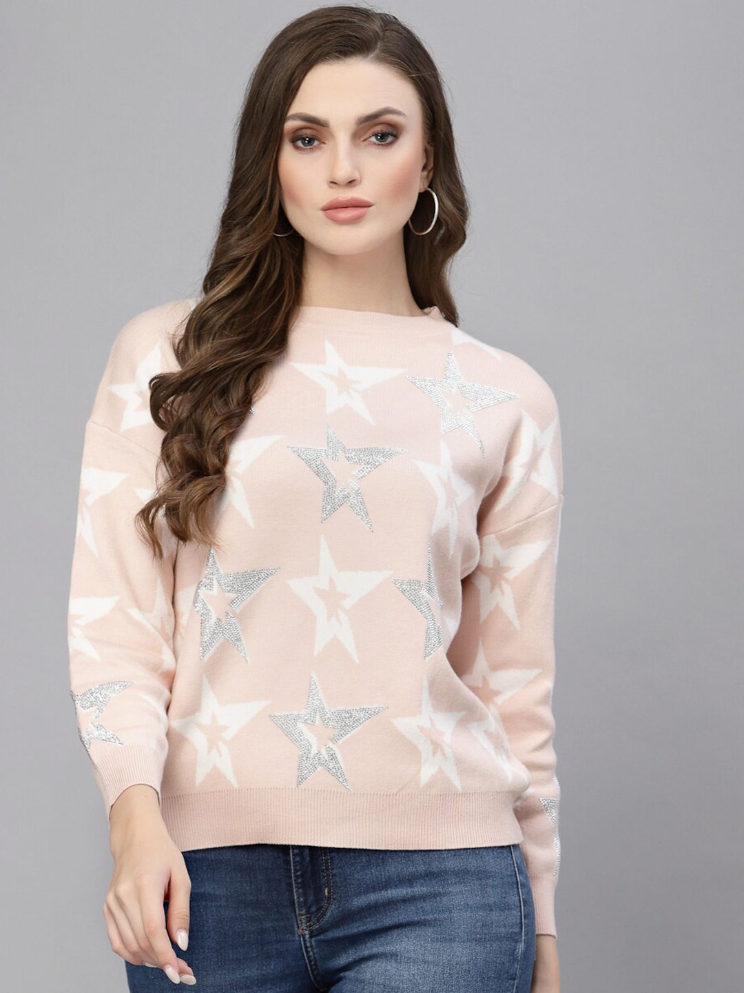 

Mafadeny Women Peach-Coloured & White Pullover with Embellished Detail