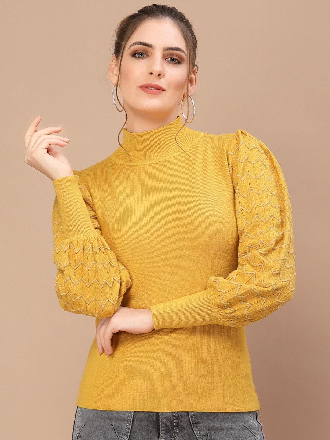 

Mafadeny Women Mustard Embroidered Pullover with Embroidered Detail