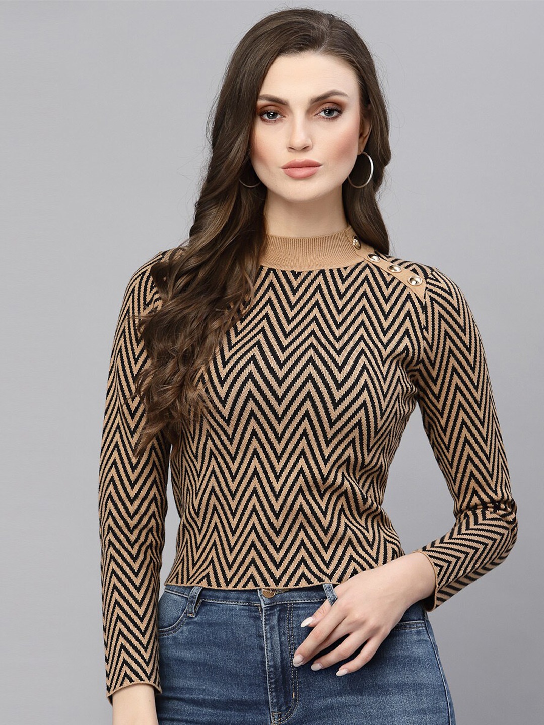 

Mafadeny Women Khaki Self Design Crop Pullover