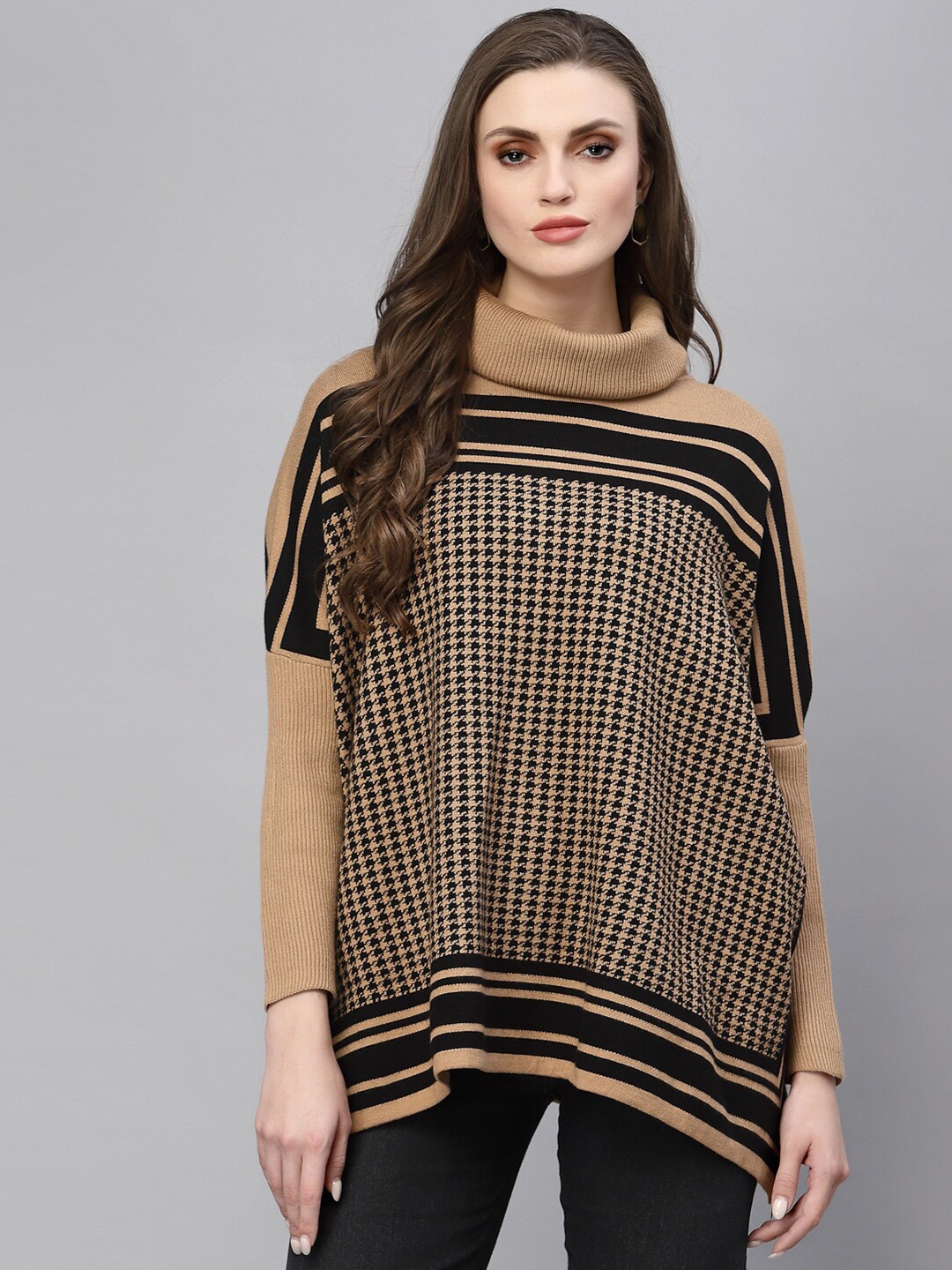 

Mafadeny Women Khaki & Black Longline Pullover
