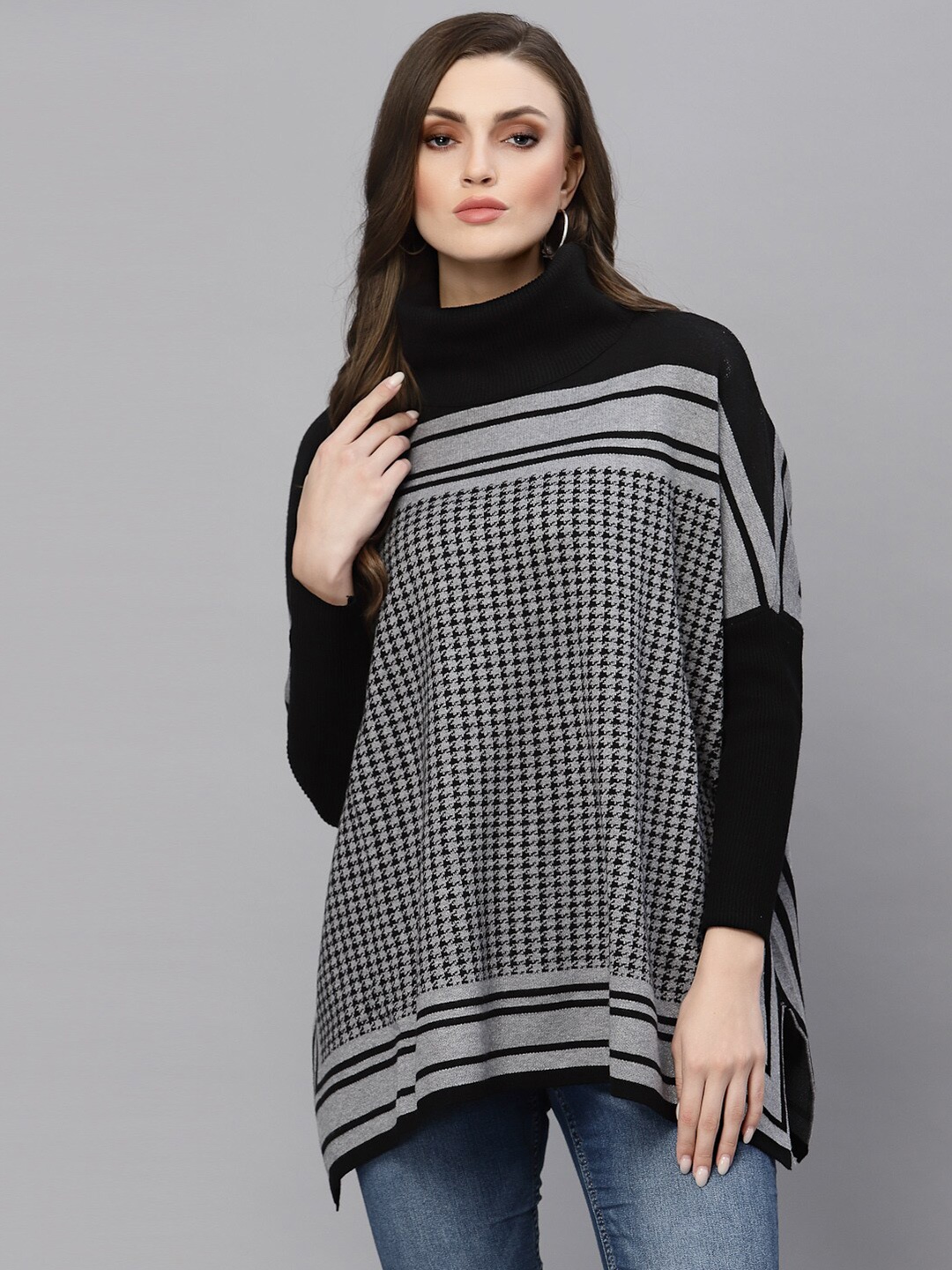 

Mafadeny Women Grey & Black Striped Longline Pullover