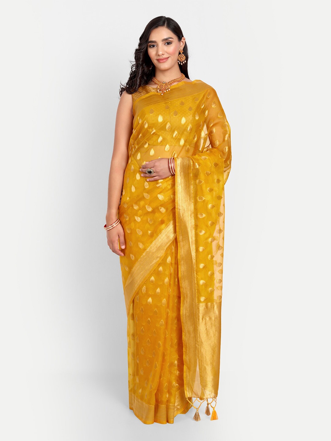 

Vardha Mustard & Gold-Toned Ethnic Motifs Zari Organza Banarasi Saree With Blouse Piece