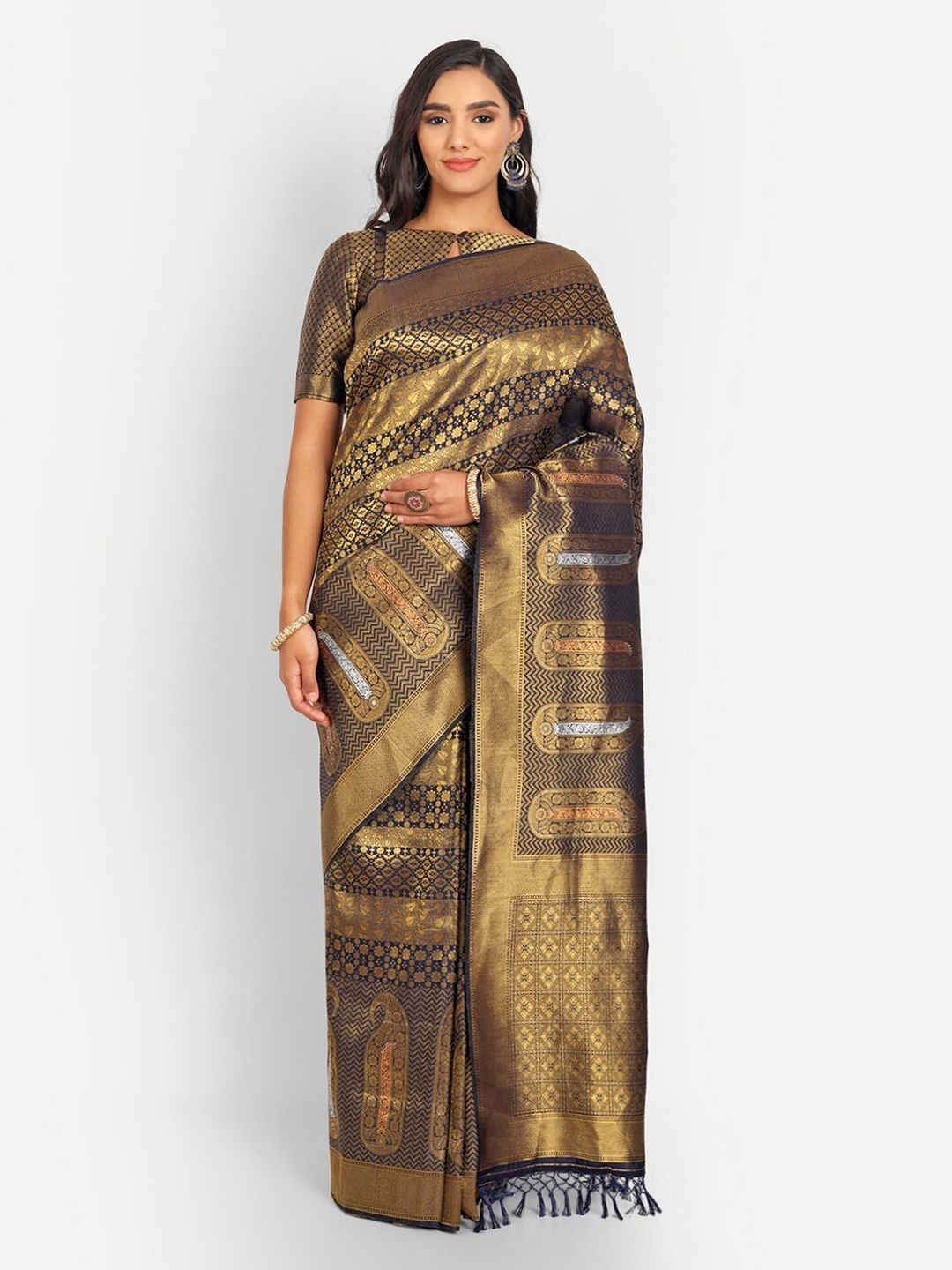 

Vardha Navy Blue & Gold-Toned Woven Design Zari Kanjeevaram Saree