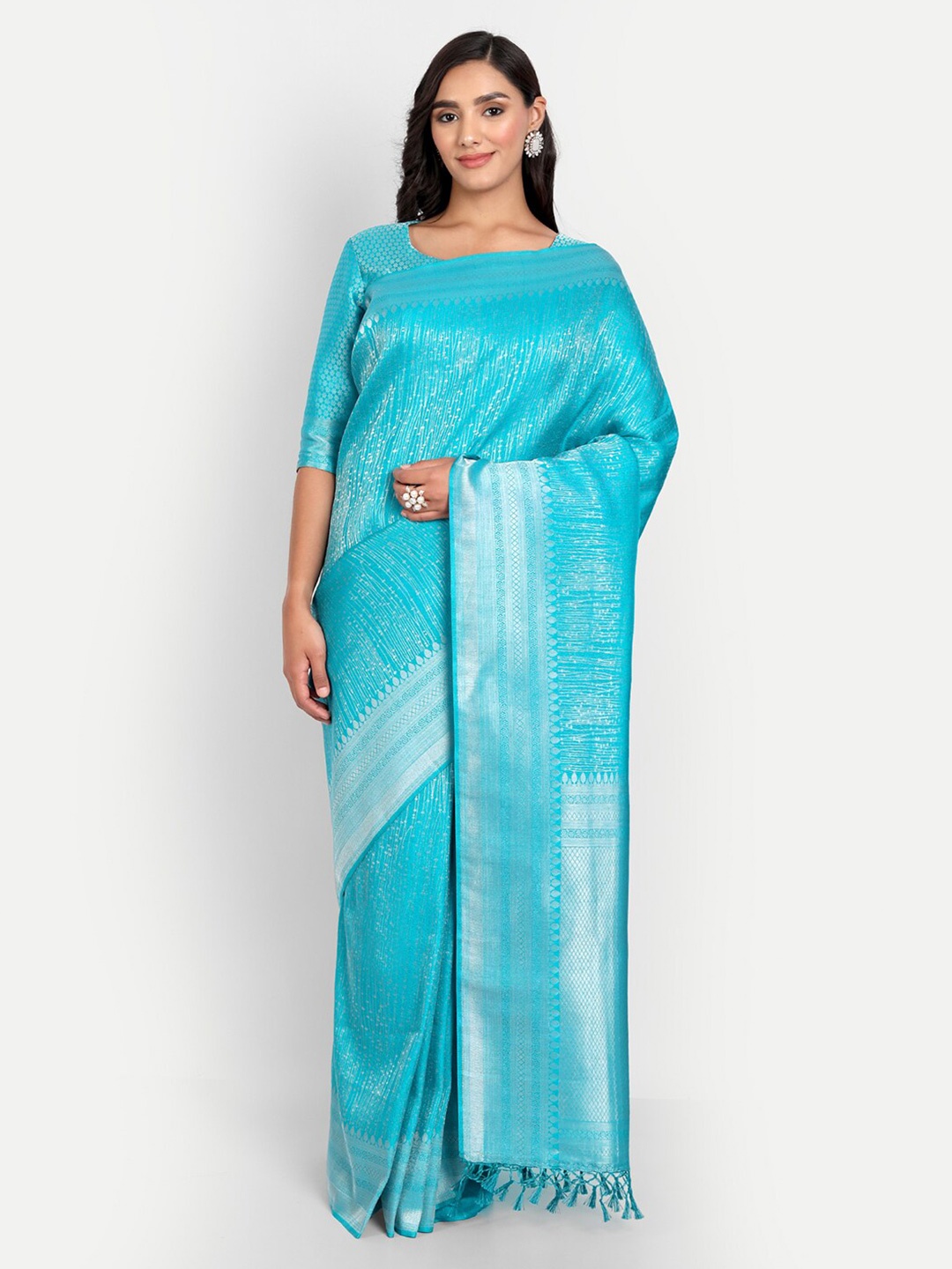 

Vardha Blue & Silver-Toned Woven Design Zari Silk Blend Venkatgiri Saree