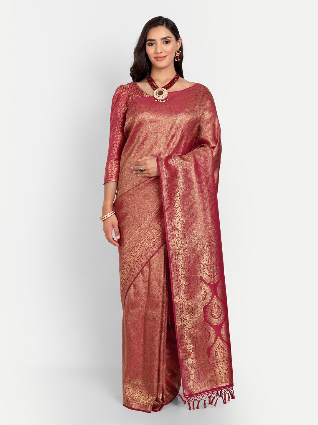 

Vardha Maroon & Gold-Toned Ethnic Motifs Zari Silk Blend Kanjeevaram Saree