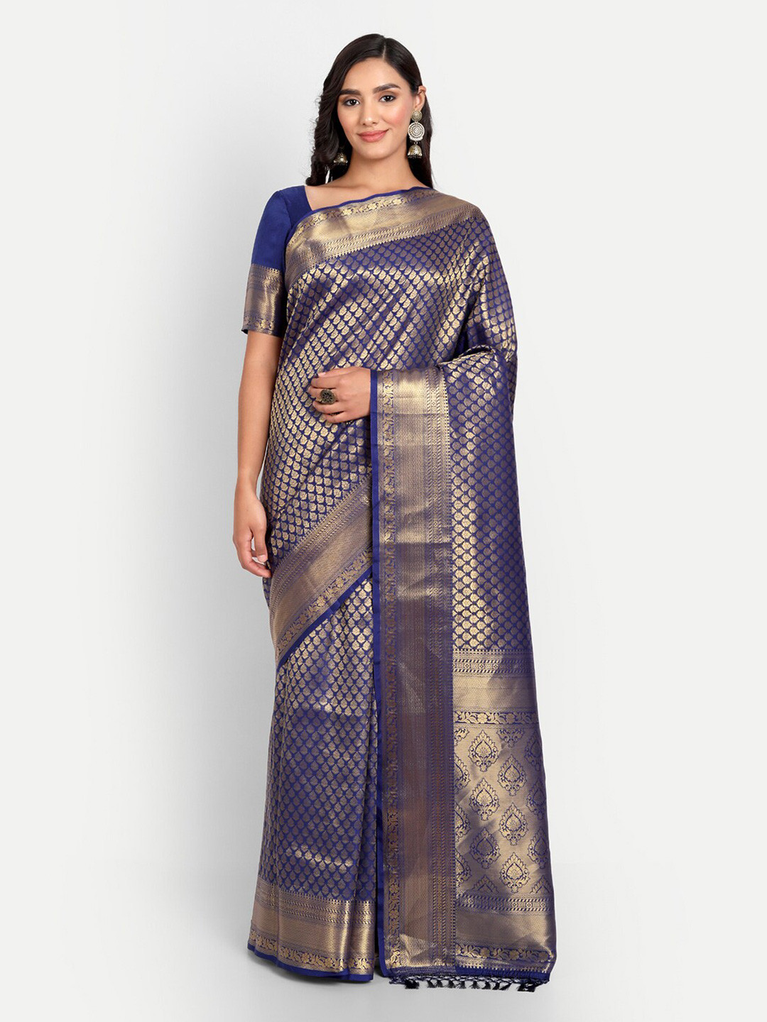 

Vardha Navy Blue And Gold Toned Ethnic Motifs Zari Kanjeevaram Saree