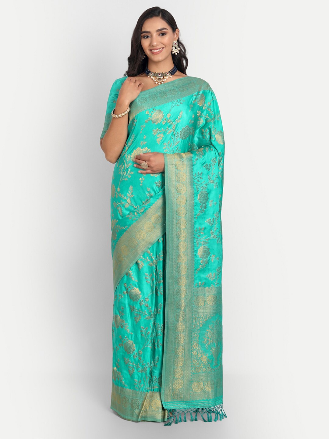 

Vardha Turquoise Blue & Gold-Toned Floral Zari Satin Banarasi Saree