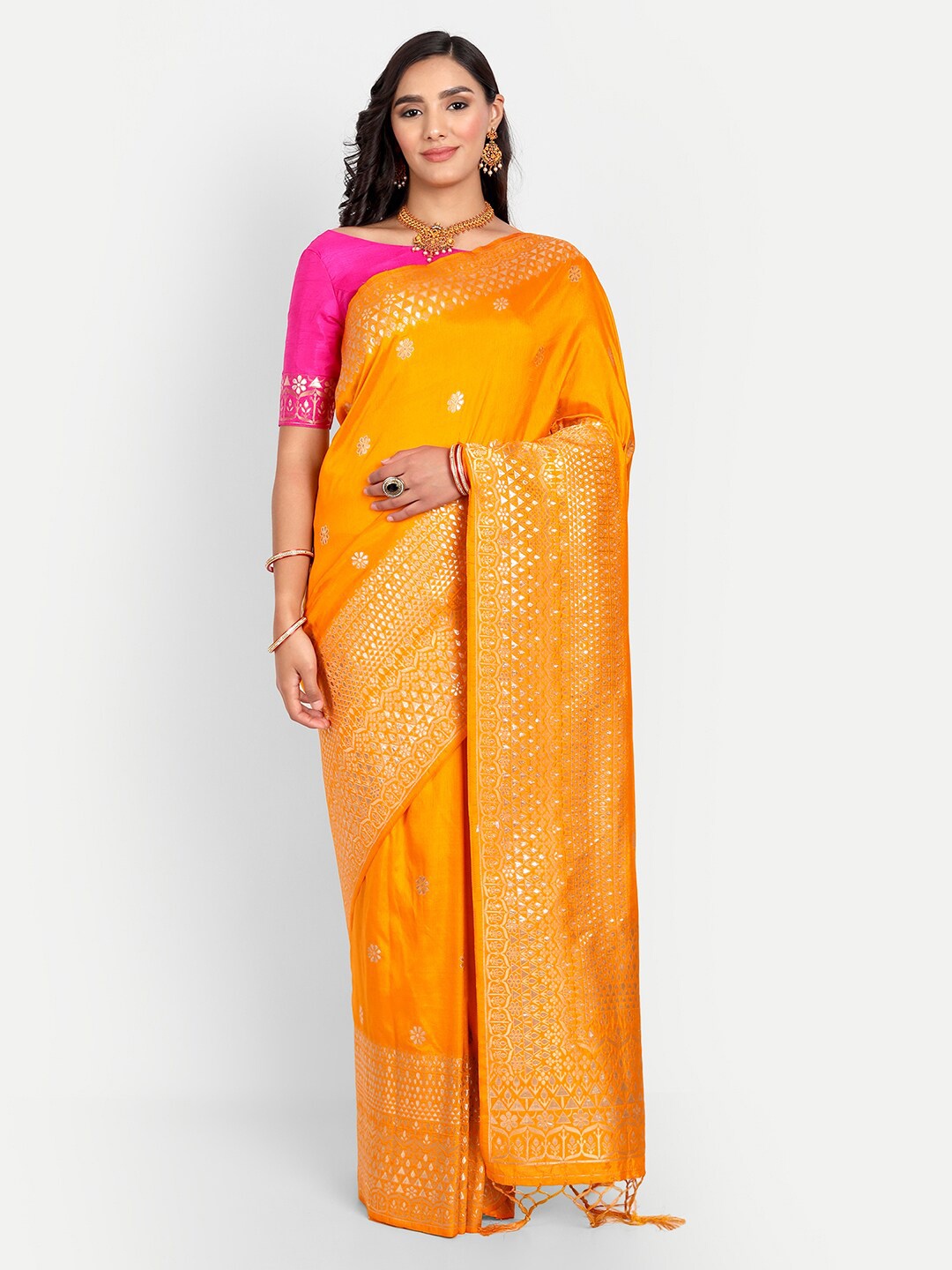 

Vardha Yellow And Gold-Toned Ethnic Motifs Zari Banarasi Saree