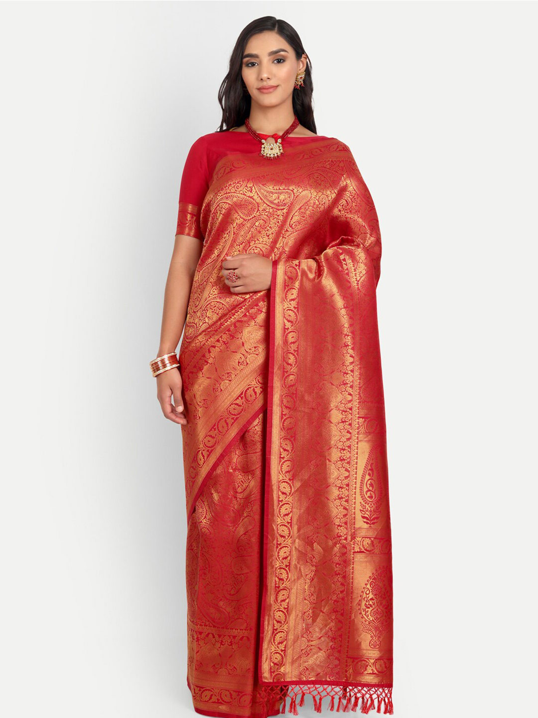 

Vardha Red & Gold-Toned Paisley Zari Silk Blend Kanjeevaram Saree