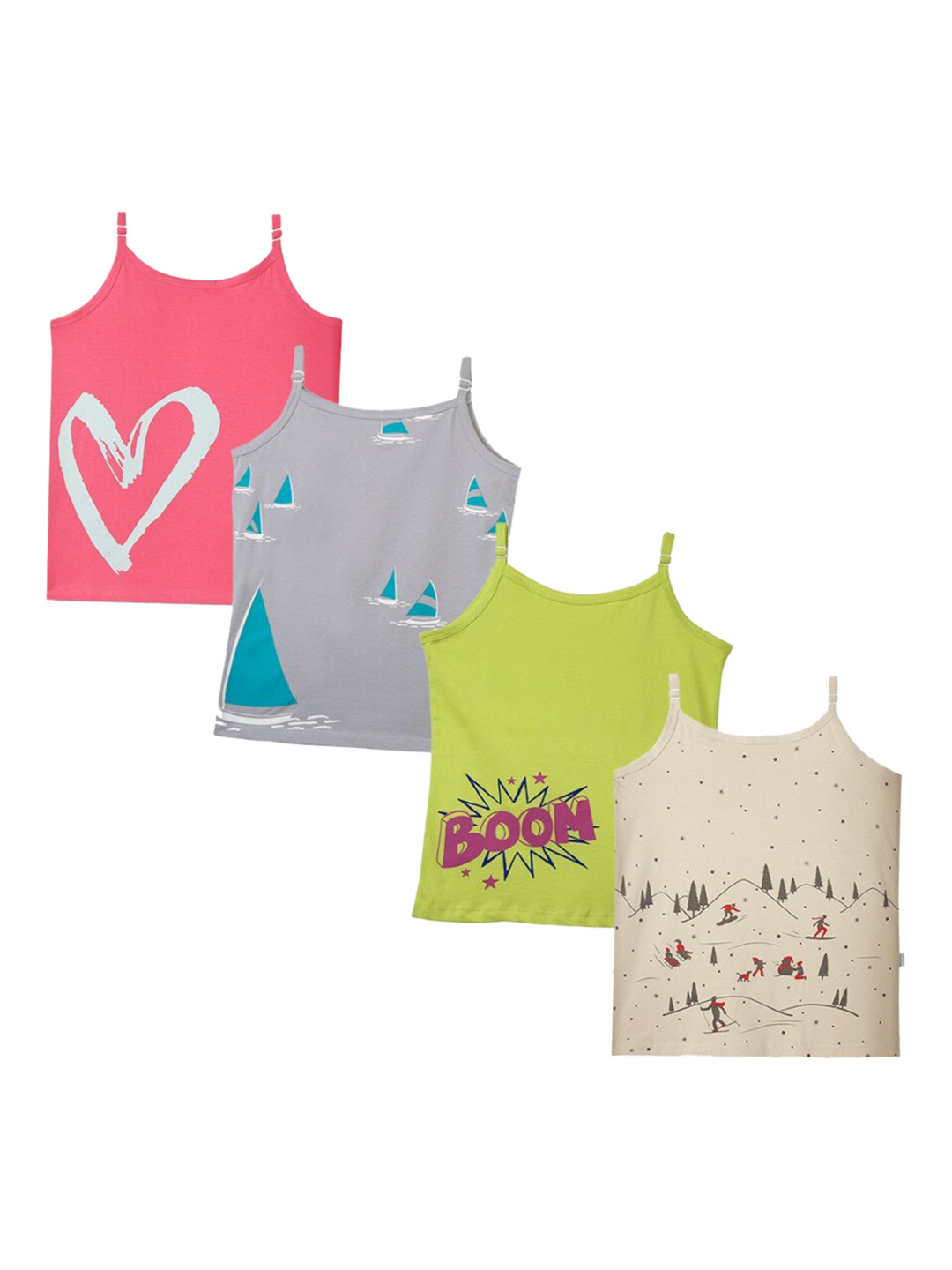 

You Got Plan B Girls Pack Of 4 Printed Cotton Camisoles, Green