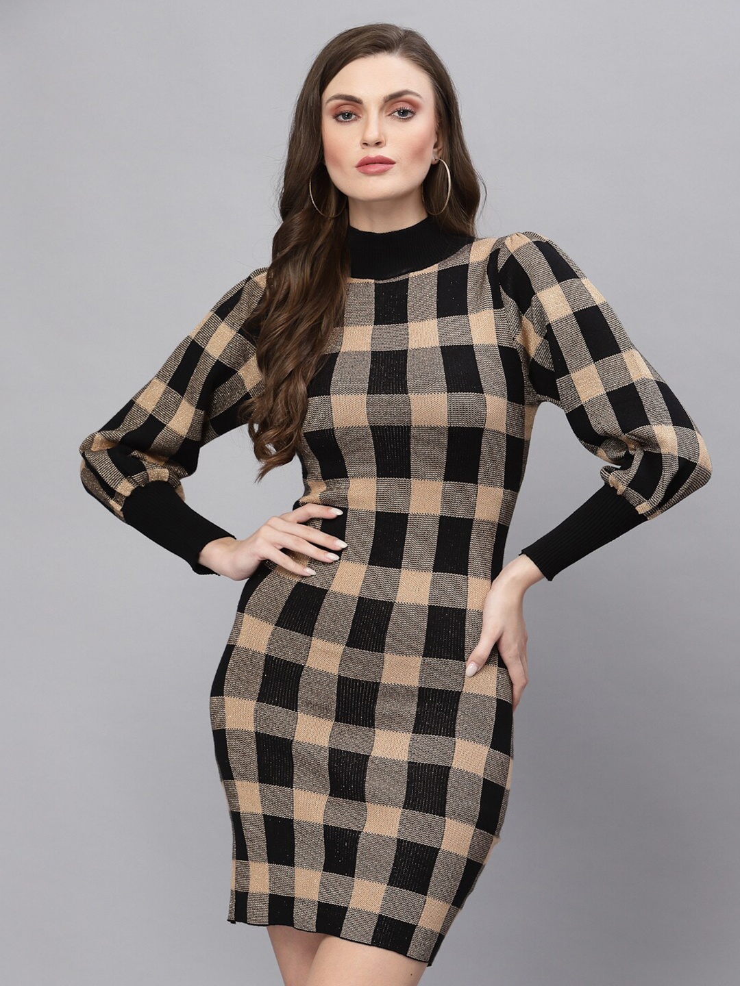 

Mafadeny Black & Beige Checked Sheath Dress