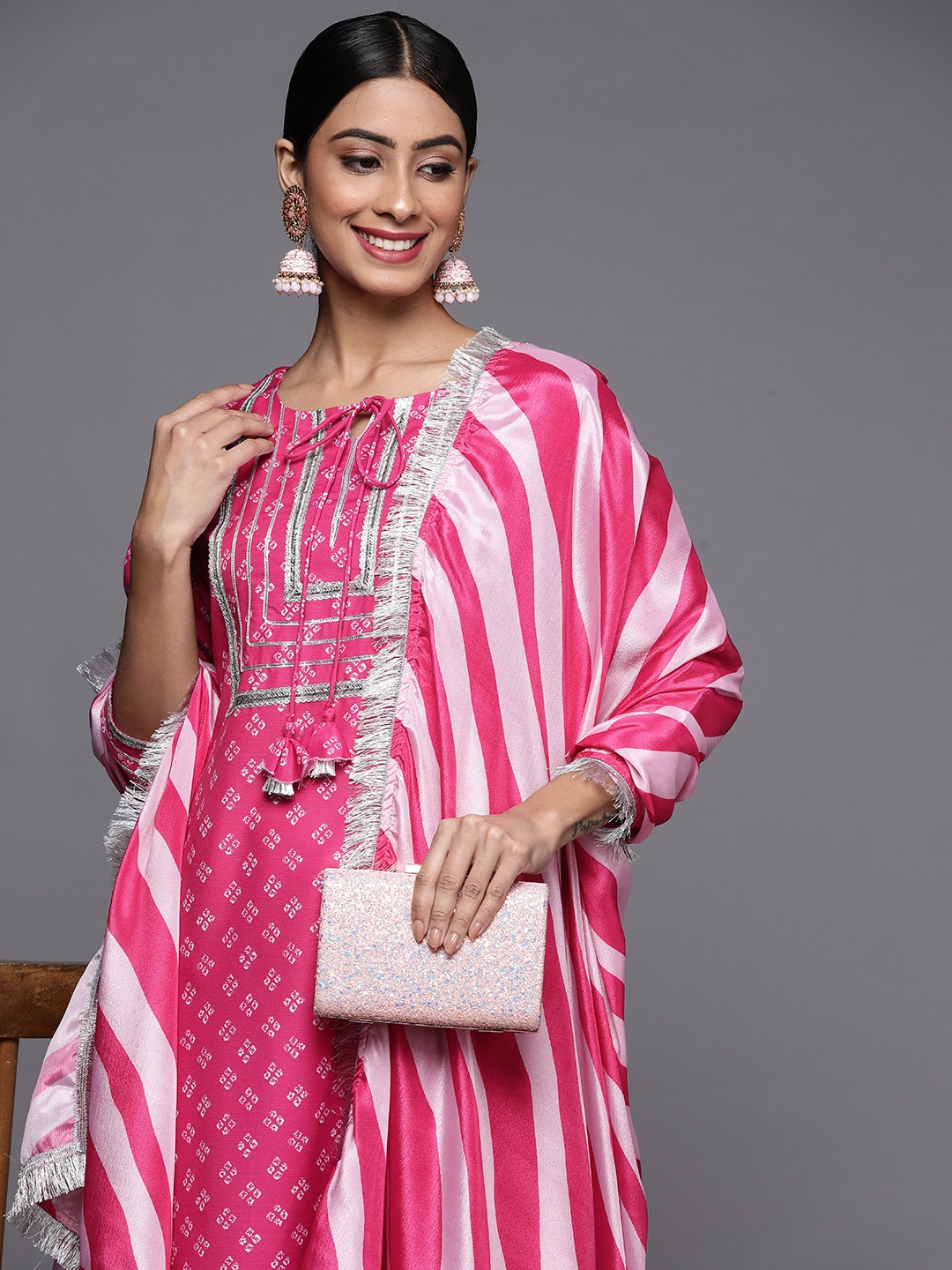 

Varanga Women Pink Bandhani Printed Kurta with Trousers & With Dupatta