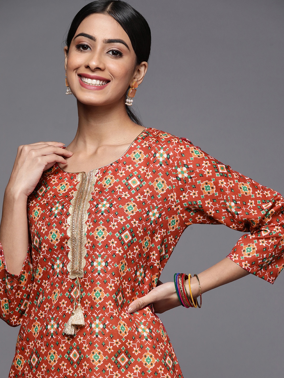 

Varanga Women Rust & White Ethnic Motifs Printed Indie Prints Kurta