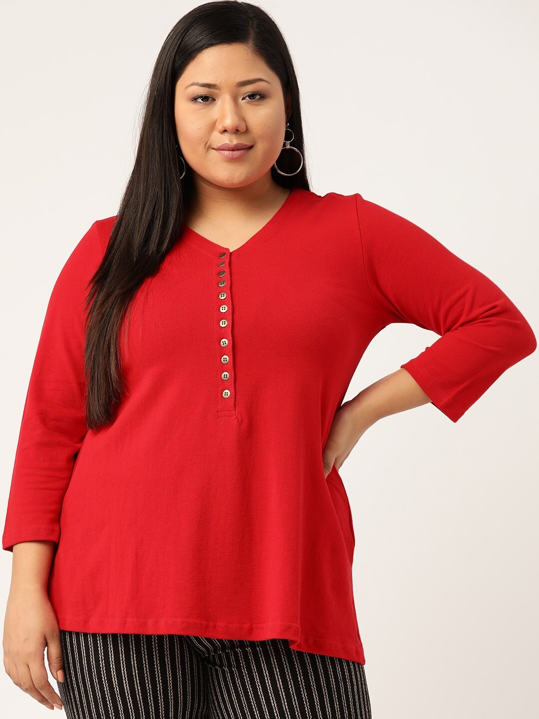 

theRebelinme Women Red Plus Size Pure Cotton V-Neck T-shirt