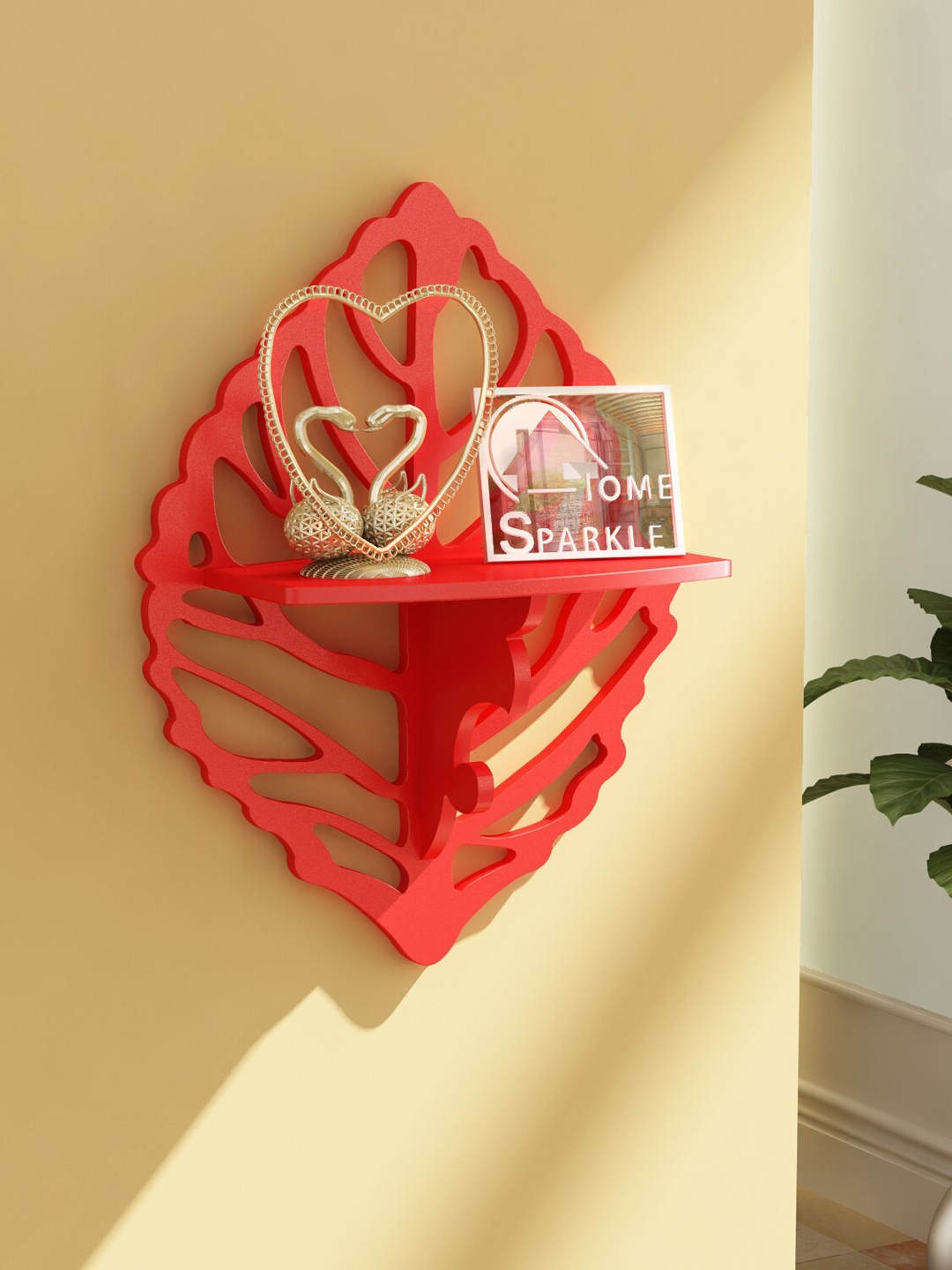 

Home Sparkle Red Wooden Carved Leaf Shape Floating Shelf