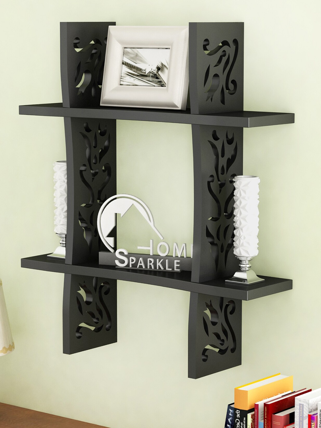 

Home Sparkle Black Carved Wooden Wall Shelves