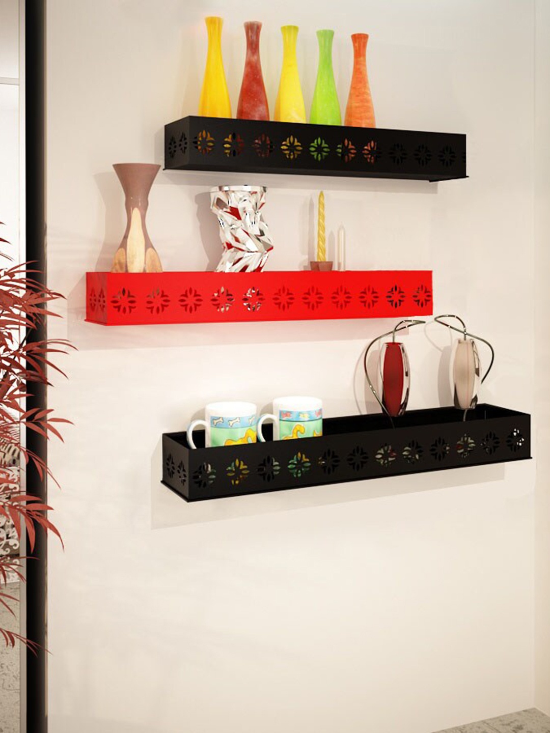 

Home Sparkle Set Of 3 Carved Iron Wall Shelves, Black