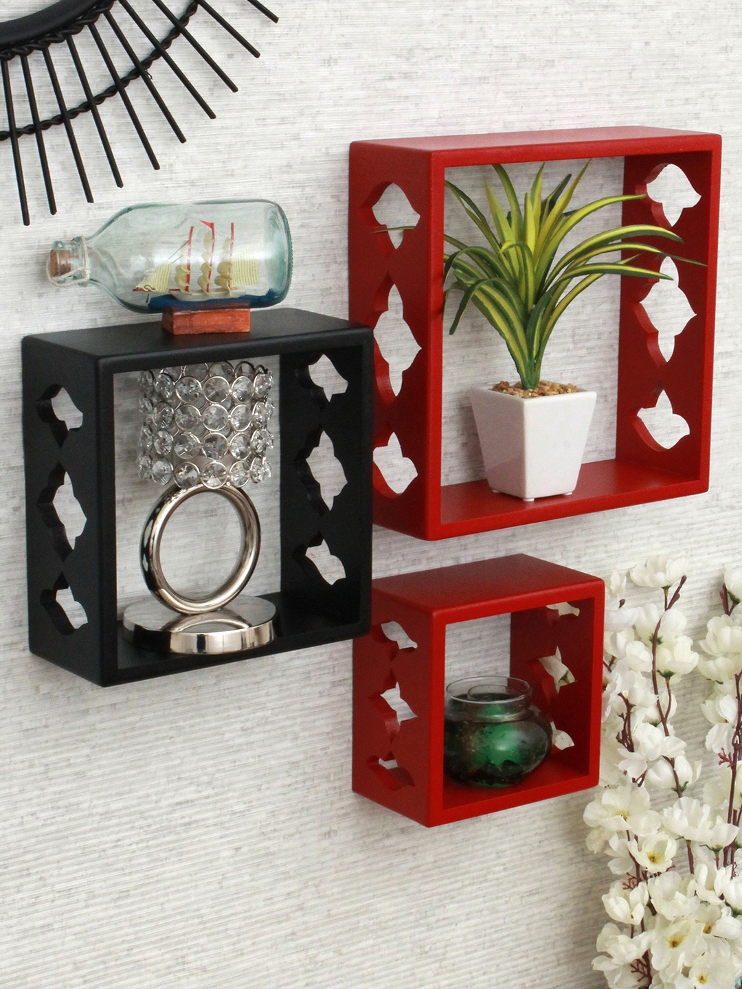 

Home Sparkle Set Of 3 Carved Cube Wooden Wall Shelves, Red