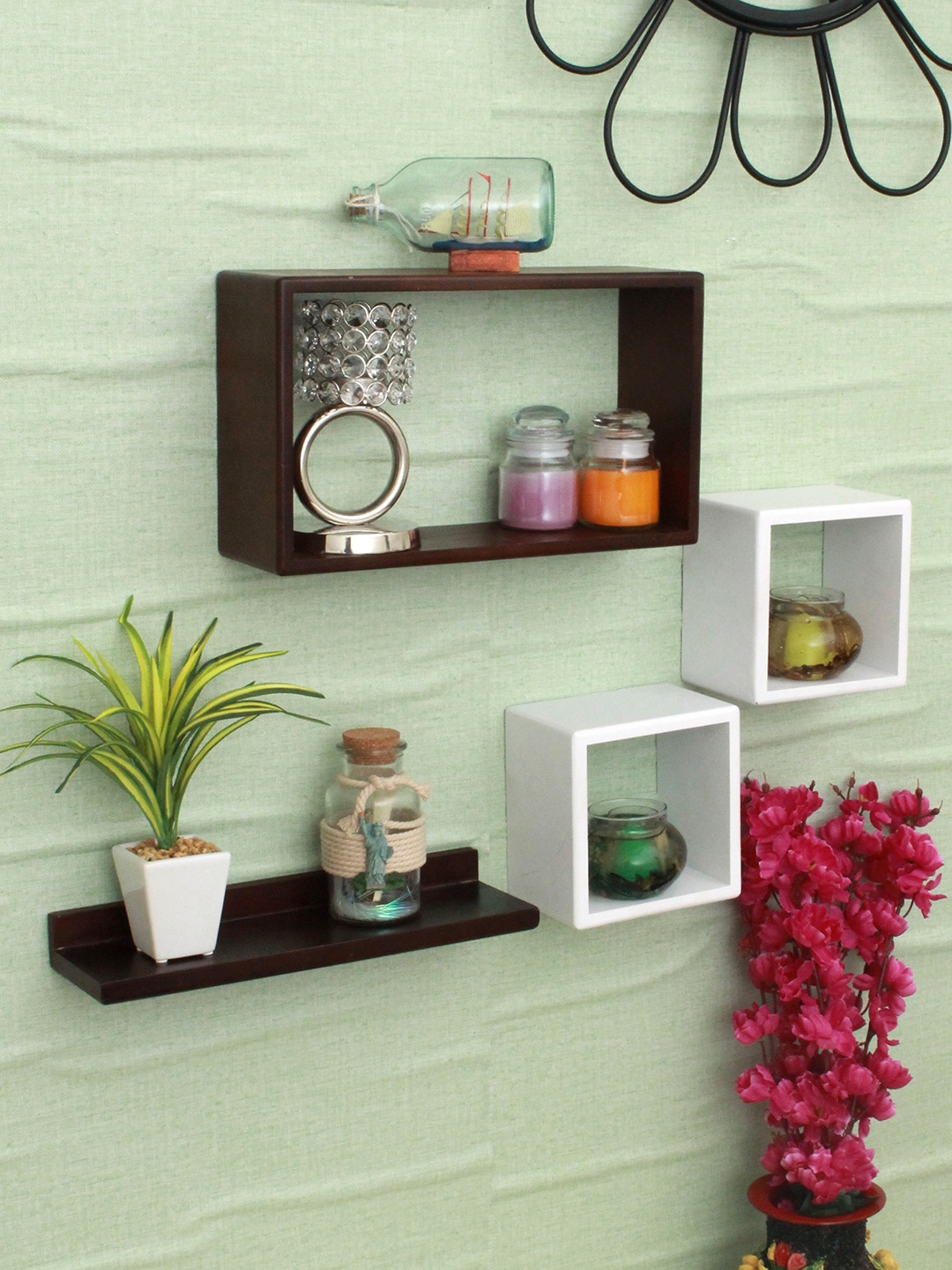

Home Sparkle Set Of 4 Brown & White Solid Wooden Wall Shelves