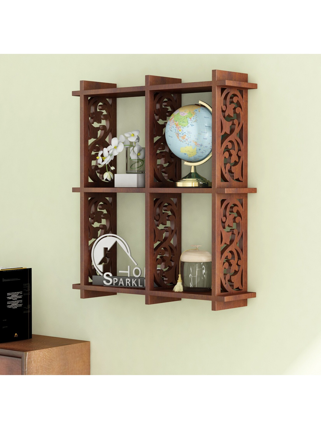 

Home Sparkle Brown Carved 4 Pocket Wooden Wall Shelves