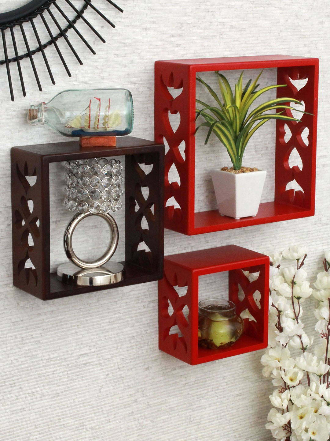 Home Sparkle Red & Brown 3 Set Decorative Wall Mounted Cube Shelves Rack MDF