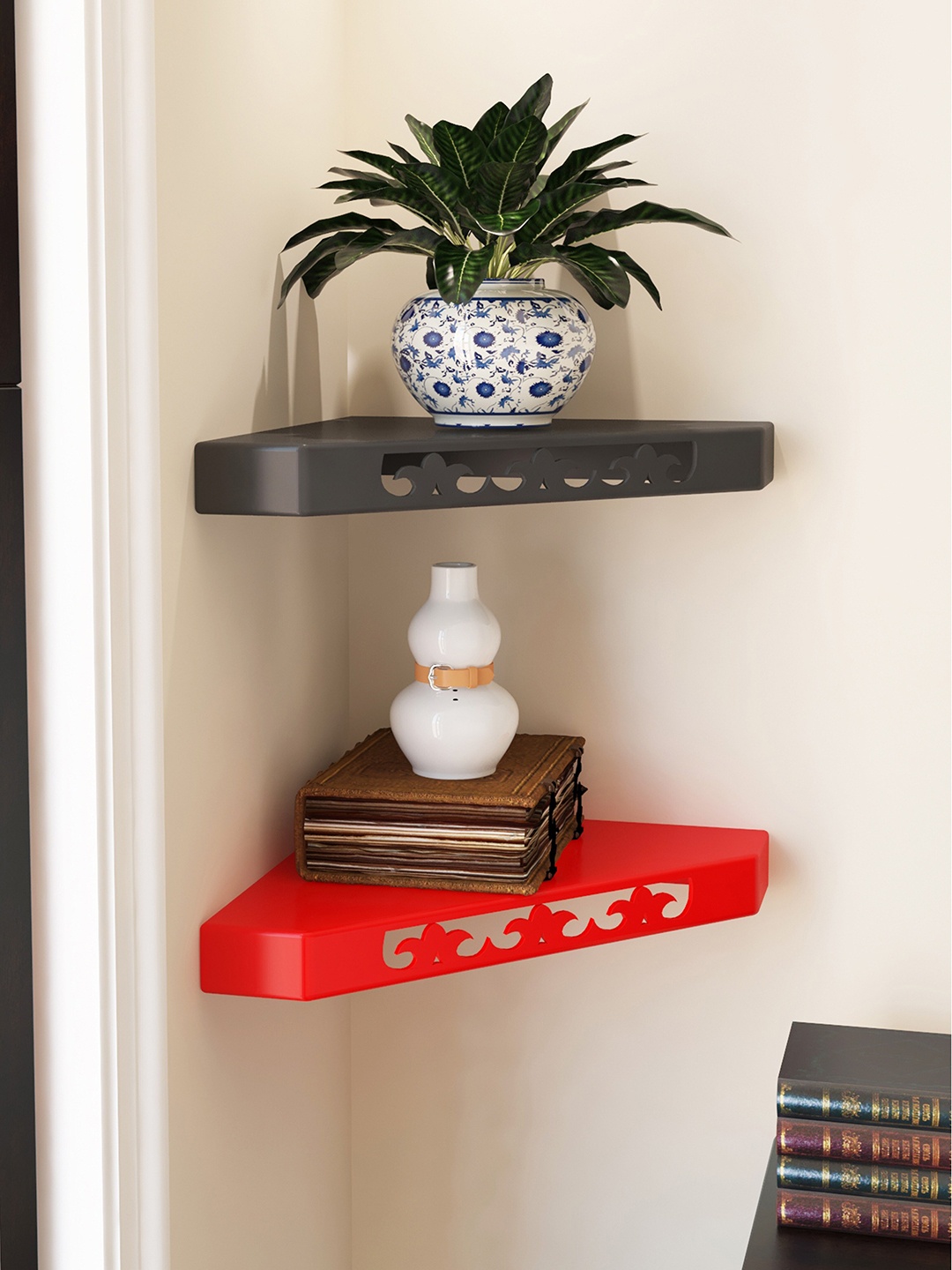 

Home Sparkle Set Of 2 Carved Wooden Wall Shelves, Black