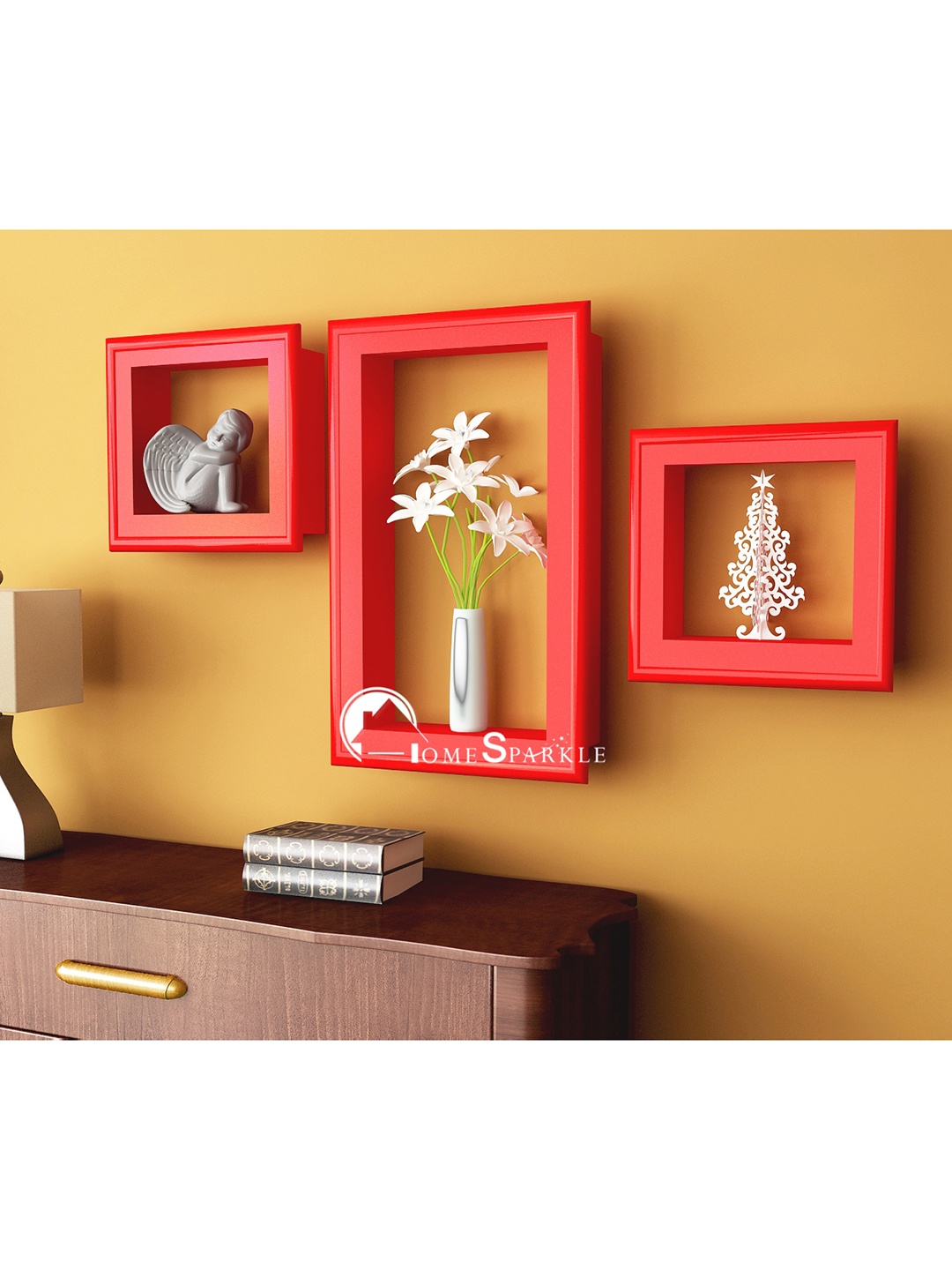 

Home Sparkle Set Of 3 Red Solid Wooden Wall Shelves