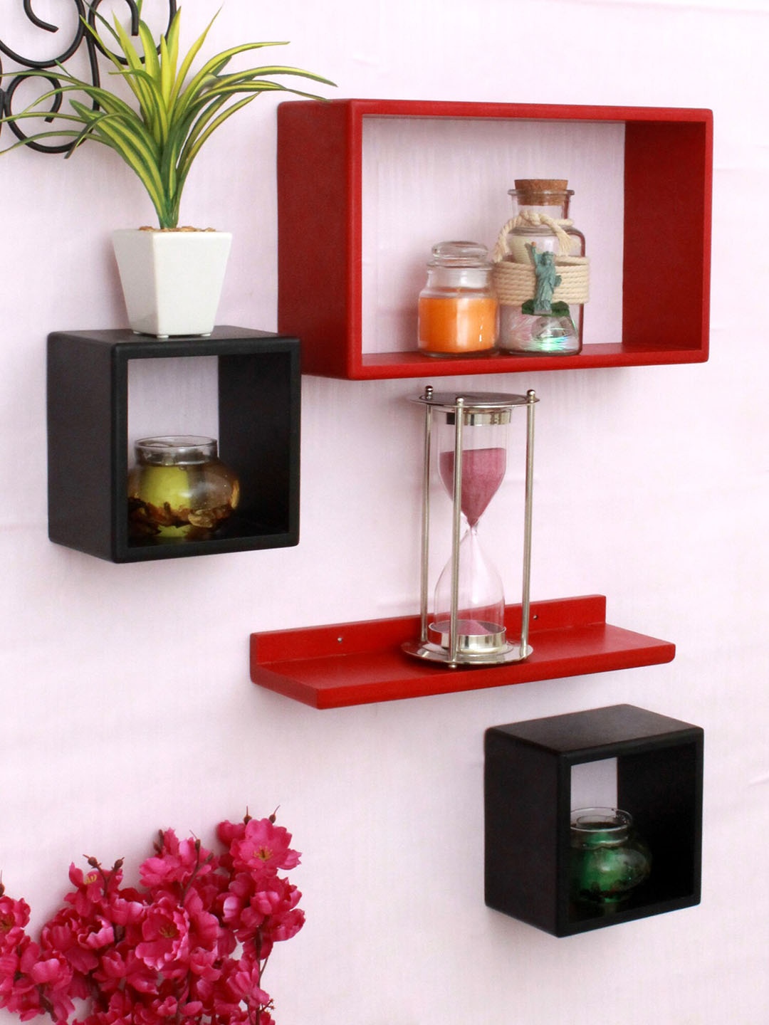 Home Sparkle Set Of 4 Solid Wooden Wall Shelves, Red