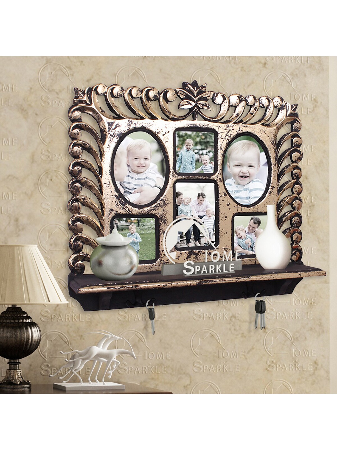 

Home Sparkle Wood Wall Shelf with Keyholders, Gold
