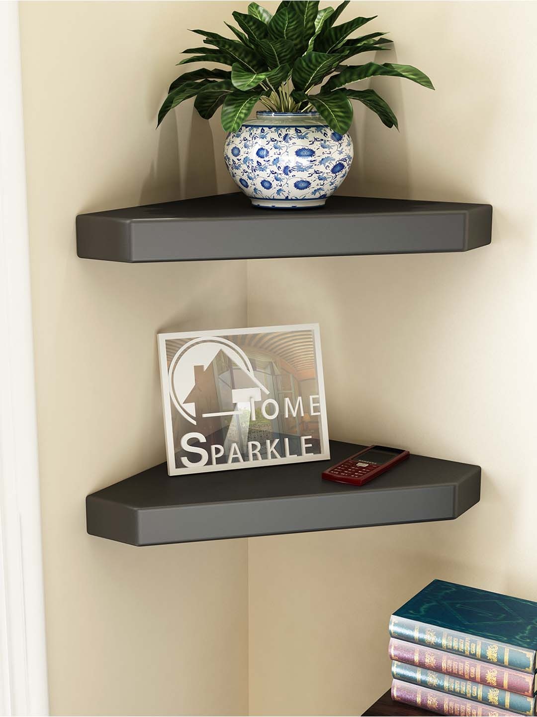 

Home Sparkle Set of 2 Corner Wall Shelves Engineered Wood Floating Corner Storage Shelves, Black